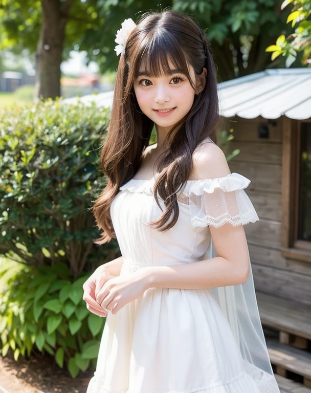 A girl with long dark brown curly hair, brown dark eyes, a contagious smile, wearing a white flowery midi dress and black flats