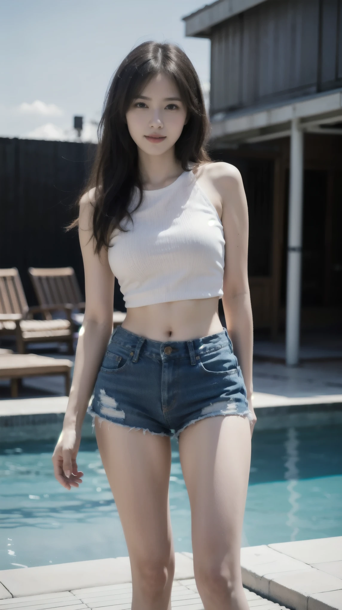 (Masterpiece, BestQuality:1.3), (ultra detailed:1.2), (hyperrealistic:1.3), (RAW photo:1.2),High detail RAW color photo, professional photograph, (Photorealistic:1.4), (realistic:1.4), ,professional lighting, (japanese), beautiful face, (realistic face), cute woman, (Brown Hair, Big Tits:1.2), (cheerful Smile:1.5), Trending Hair&Trending Hairカラーをランダムに, earrings, necklace, bracelet, sexly, erotic sexly, Random sexy gravure poses, (A beautiful woman wearing a black lace top and white high-waisted shorts is winking sexily at the night pool。Wearing a silver chain anklet、Pose with one leg raised slightly。:1.3)