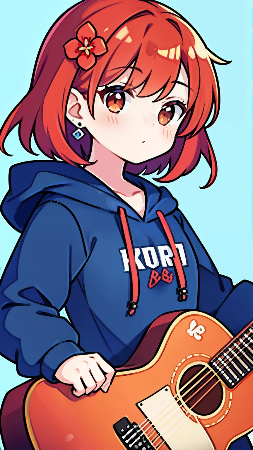 One Girl, Redhead, Medium Hair,cute,Earrings Flower Hair Ornaments, Dear Kurt, 8k resolution, 8K quality, Blue background, Brown eyes,Large hoodie,SD character,whole body,Down to the feet,Acoustic Guitar