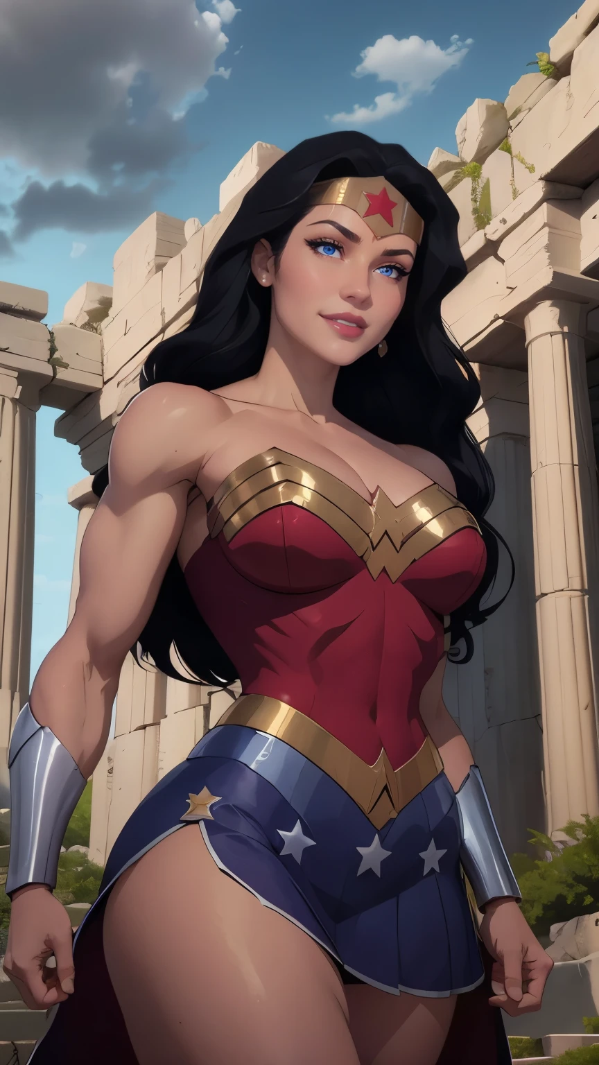 wonder woman da DC,(best qualityer,4K,8k,high resolution,work of art:1.2)(weather: cloudy), greek temple background, temple ruins, long curly hair, black hair, red top, blue micro shorts, red thigh high boots, diadem, long toga skirt, bracelets, combat stance, ultra detailed,portrait,realistic,beautiful detailed blue eyes, beautiful detailed lips,extremely detailed eye and face, long eyelashes,average,large breasts,flying hair,beaming smile, cute smile,powerful girl, bright coloured, dramatic lighting,