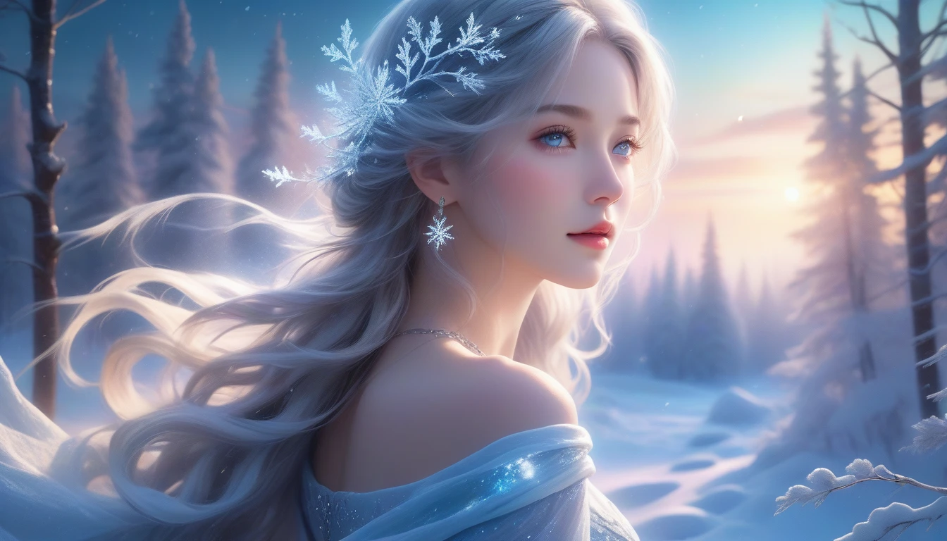 A Masterpiece In 32K Resolution, Supreme Clarity, Hyperreal Detail, Cinematic Artwork, Ultra-High-Resolution 32K Wallpaper, Majestic Lighting, Ethereal Beauty, And Immaculate Precision. The Scene Portrays A Girl Amidst A Serene, Snow-Covered Forest, Soft Flurries Falling Around Her In The Crisp Night Air. She Accentuating Her Full Bosom, With Glistening Jewelry That Dances With Her Every Shift. Her Skin Shimmers Like Frosted Glass, Radiating A Subtle Glow Against The Moonlit Snow. Her Wild, Wind-Swept Silver Hair Cascades Over Her Shoulders, Blending Effortlessly With The Pale, Icy Landscape. Glistening Crystals Of Snow Catch In Her Hair, Reflecting The Cool Light Of A Winter Night. She Is Draped In A Flowing, Ethereal Gown That Glows Softly Under The Majestic Northern Lights, Which Dance Across The Sky. Her Piercing, Ocean-Blue Eyes Stand Out Strikingly Against The Pale Environment, With An Intense, Soulful Gaze That Draws The Viewer In. Her Jewelry, Embellished With Frosted Gems, Glimmers As She Moves Gracefully Through The Snow-Laden Forest. The Cinematic Lighting Highlights The Depth And Immensity Of The Snow-Covered Scene, While Her Mystical Aura Exudes Grace And Elegance. The Hyper-Realistic Detail Captures Her Serene Yet Powerful Presence, Surrounded By The Whispering Silence Of The Winter Landscape, With Each Snowflake Illuminated In The Crisp Air Around Her.