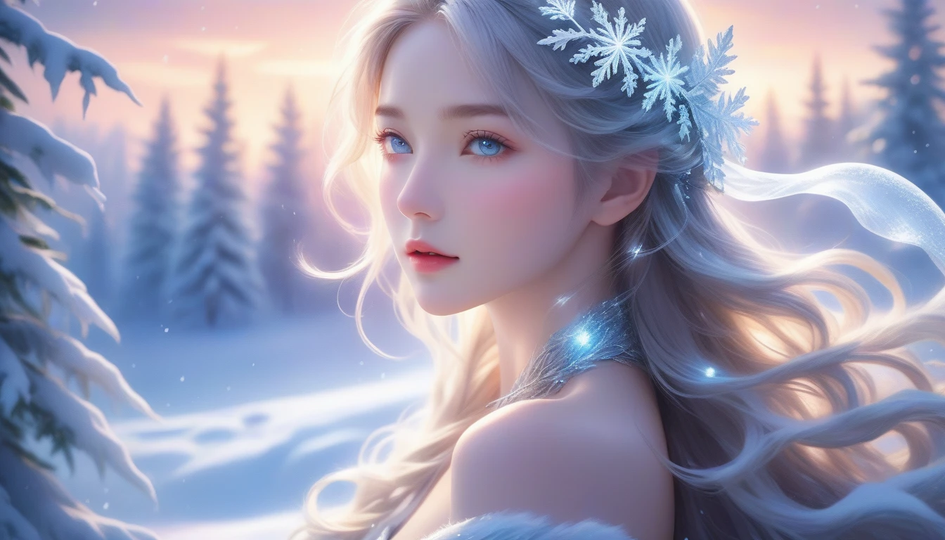 A Masterpiece In 32K Resolution, Supreme Clarity, Hyperreal Detail, Cinematic Artwork, Ultra-High-Resolution 32K Wallpaper, Majestic Lighting, Ethereal Beauty, And Immaculate Precision. The Scene Portrays A Girl Amidst A Serene, Snow-Covered Forest, Soft Flurries Falling Around Her In The Crisp Night Air. She Accentuating Her Full Bosom, With Glistening Jewelry That Dances With Her Every Shift. Her Skin Shimmers Like Frosted Glass, Radiating A Subtle Glow Against The Moonlit Snow. Her Wild, Wind-Swept Silver Hair Cascades Over Her Shoulders, Blending Effortlessly With The Pale, Icy Landscape. Glistening Crystals Of Snow Catch In Her Hair, Reflecting The Cool Light Of A Winter Night. She Is Draped In A Flowing, Ethereal Gown That Glows Softly Under The Majestic Northern Lights, Which Dance Across The Sky. Her Piercing, Ocean-Blue Eyes Stand Out Strikingly Against The Pale Environment, With An Intense, Soulful Gaze That Draws The Viewer In. Her Jewelry, Embellished With Frosted Gems, Glimmers As She Moves Gracefully Through The Snow-Laden Forest. The Cinematic Lighting Highlights The Depth And Immensity Of The Snow-Covered Scene, While Her Mystical Aura Exudes Grace And Elegance. The Hyper-Realistic Detail Captures Her Serene Yet Powerful Presence, Surrounded By The Whispering Silence Of The Winter Landscape, With Each Snowflake Illuminated In The Crisp Air Around Her.