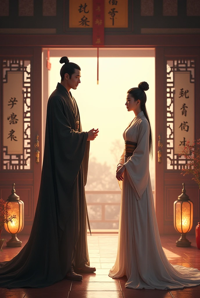 Two young women dressed in traditional Chinese clothing and a warrior man dressed in traditional Chinese clothing stand in an ancient Chinese palace.