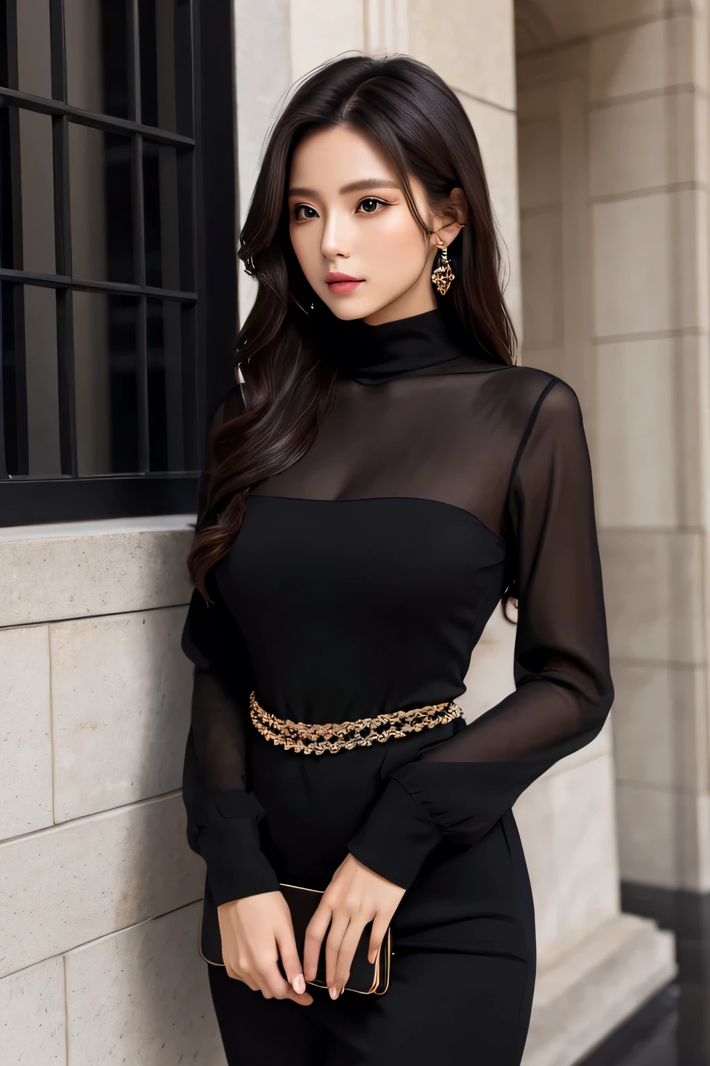 (realistic:1.3), finely detailed, quality, rembrandt lighting, (masterpiece:1.2), (photorealistic:1.2), (best quality), (detailed skin:1.3), (intricate details), dramatic, ray tracing, 1girl, japanese girl, 21 years old, detailed skin texture, (blush:0.5), (goosebumps:0.5), subsurface scattering, smiling, medium breasts, long hair, bangs, hair between eyes, 0ff1c3_ch1c_2, ribbon collar, black dress, lace, cowboy shot, (bright sunny day, sidewalk, business district buildings), <lora:0ff1c3_ch1c_2:0.8>
