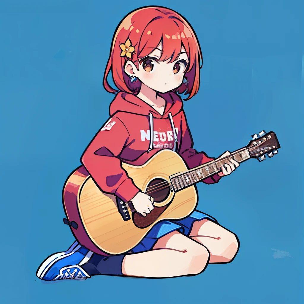 One Girl, Redhead, Medium Hair,cute,Earrings Flower Hair Ornaments, Dear Kurt, 8k resolution, 8K quality, Blue background, Brown eyes,Large hoodie,SD character,whole body,Down to the feet,Acoustic Guitar