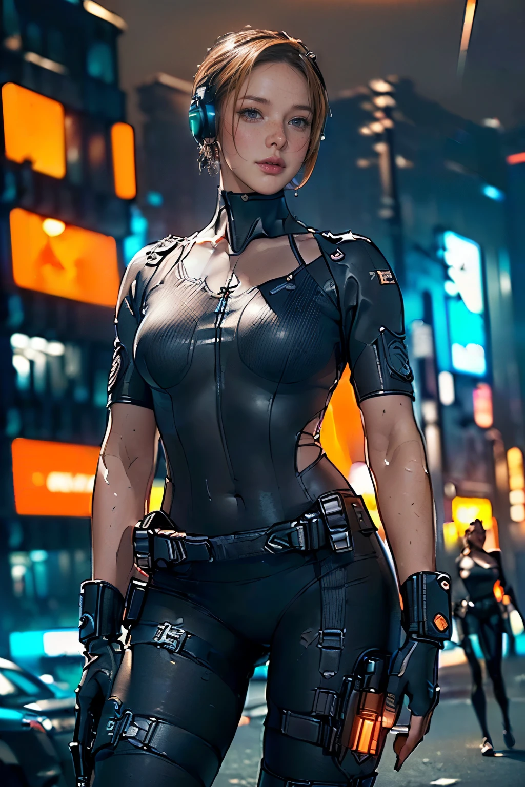 (One Woman),(((A female member of the future police force is holding a baton))),((orange tactical bodysuit:1.5)),((headset:1.5)),((Tactical Holster:1.5)),(Gloves:1.5),(serious:1.5),(extra short hair:1.5),(Blonde:1.5),(Beautiful Eyes:1.3),(Very detailedな顔:1.5),((Very detailed drawing of a female hand:1.5)),((muscular:1.5)),(Sexy Looks:1.5),((Thick thighs:1.5)),(Beautiful body:1.5),((Very sensual:1.5)),(The background is a futuristic city:1.5),(Cyberpunk atmosphere:1.5),(((Blur the background:1.5))),(Written boundary depth:1.5),break(((masterpiece:1.5),(highest quality:1.5),(Very detailed:1.5),(High resolution:1.5),(Realistic:1.5),(Realistic:1.5),(Delicate depiction),(Careful depiction))),8k,wallpaper