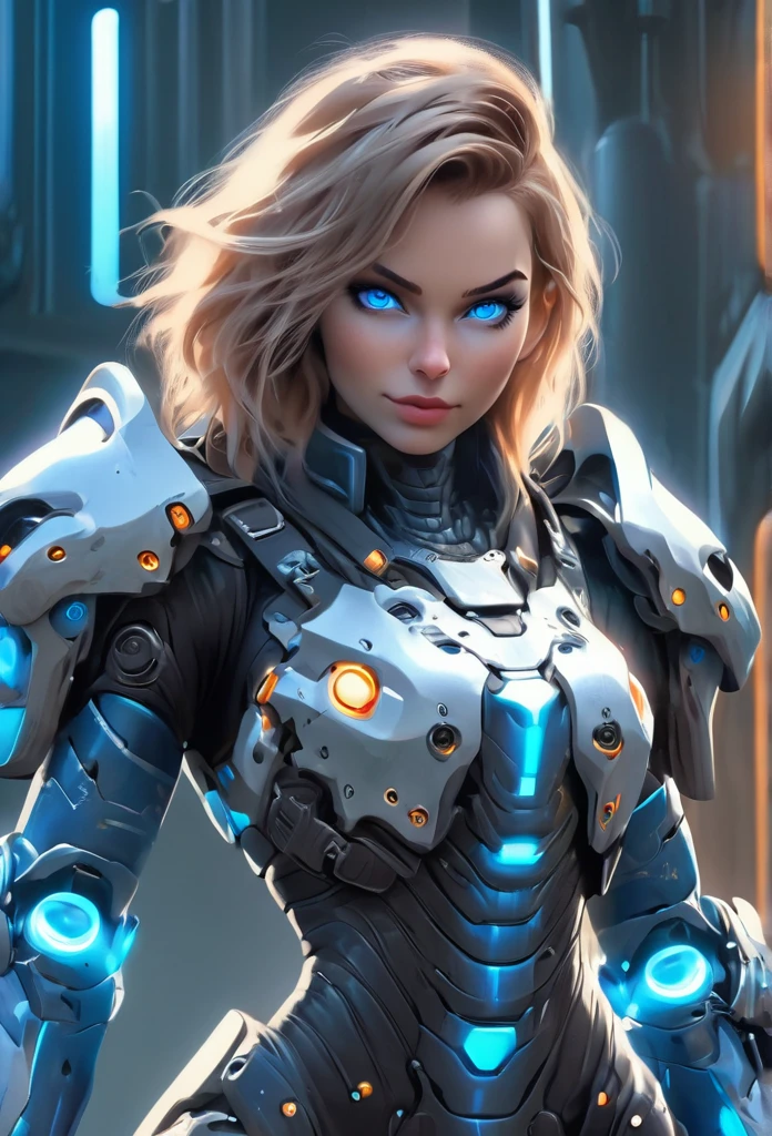 A woman wearing exoskeleton cyber armor, The armor fits snugly、((She has a plasma gun in her hand)), Full body photo, Maximum details, Superior quality through precise drawings, 8k,chest, blue eyes,  High resolution, 超High resolution, Best Quality, (she&#39;She&#39;s wearing a circuit board dress with LED accents., Futuristic metallic bob)Shortcuts, Big chest, Cinematic Lighting Effects, Futuristic beautiful black hair woman, Shining blue eyes, Cyberpunk style woman, ((High tech spaceship interior with blue light illumination)), High-quality images,Shortcuts, Bob Hair, Bob Hair, Very short hair, Black Hair, 