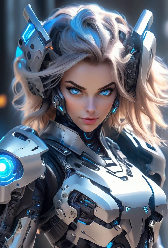 A woman wearing exoskeleton cyber armor, The armor fits snugly、((She has a plasma gun in her hand)), Full body photo, Maximum details, Superior quality through precise drawings, 8k,chest, blue eyes,  High resolution, 超High resolution, Best Quality, (she&#39;She&#39;s wearing a circuit board dress with LED accents., Futuristic metallic bob)Shortcuts, Big chest, Cinematic Lighting Effects, Futuristic beautiful black hair woman, Shining blue eyes, Cyberpunk style woman, ((High tech spaceship interior with blue light illumination)), High-quality images,Shortcuts, Bob Hair, Bob Hair, Very short hair, Black Hair, 