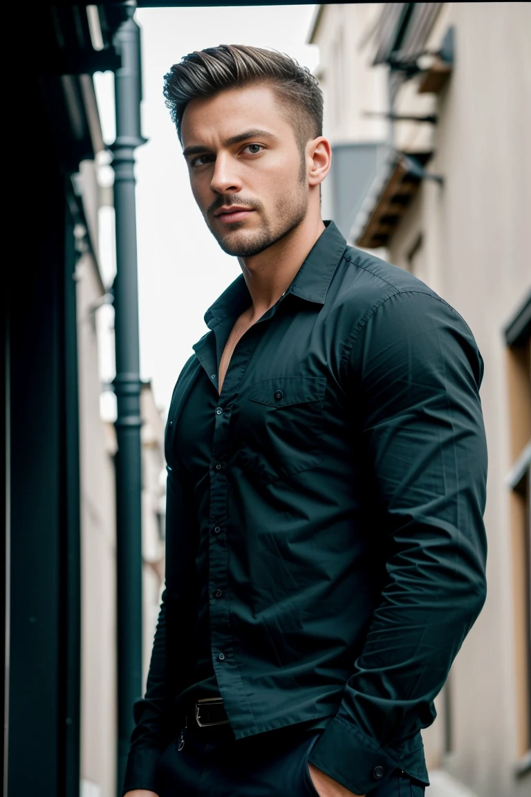 1man, A full body shot of a charismatic male fitness model, 30 years old，small beard, Sexy and charming expression，gloomy eyes，Blue eyes, captured walking in a street, wearing a unbuttoned black shirt, black suit pants, soft natural lighting, cinematic and moody, (best quality,4k,8k,highres,masterpiece:1.2),ultra-detailed,(realistic,photorealistic,photo-realistic:1.37),HDR,studio lighting,professional,vivid colors,dramatic lighting