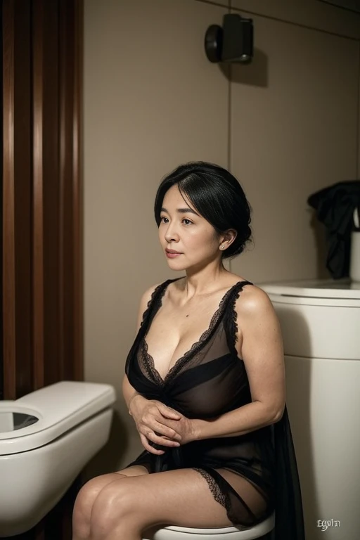 Detailed scene inside a train, 60 year old mature woman, Japanese Wife,,Curvy,Pure and elegant atmosphere,Standing by the window, Looking Outside,黒いunderwearとタイトなブルーのジーンズパンツを着用, Highly detailed facial features, high quality, Realistic, Dynamic Lighting, Realistic Textures, elegant, Cinematic, Dramatic lighting, Warm tones, Detailed Environment, Depth of written boundary, Cinematic composition, Ultra-detailed, 8k, masterpiece,Wrinkles are frequent,underwear