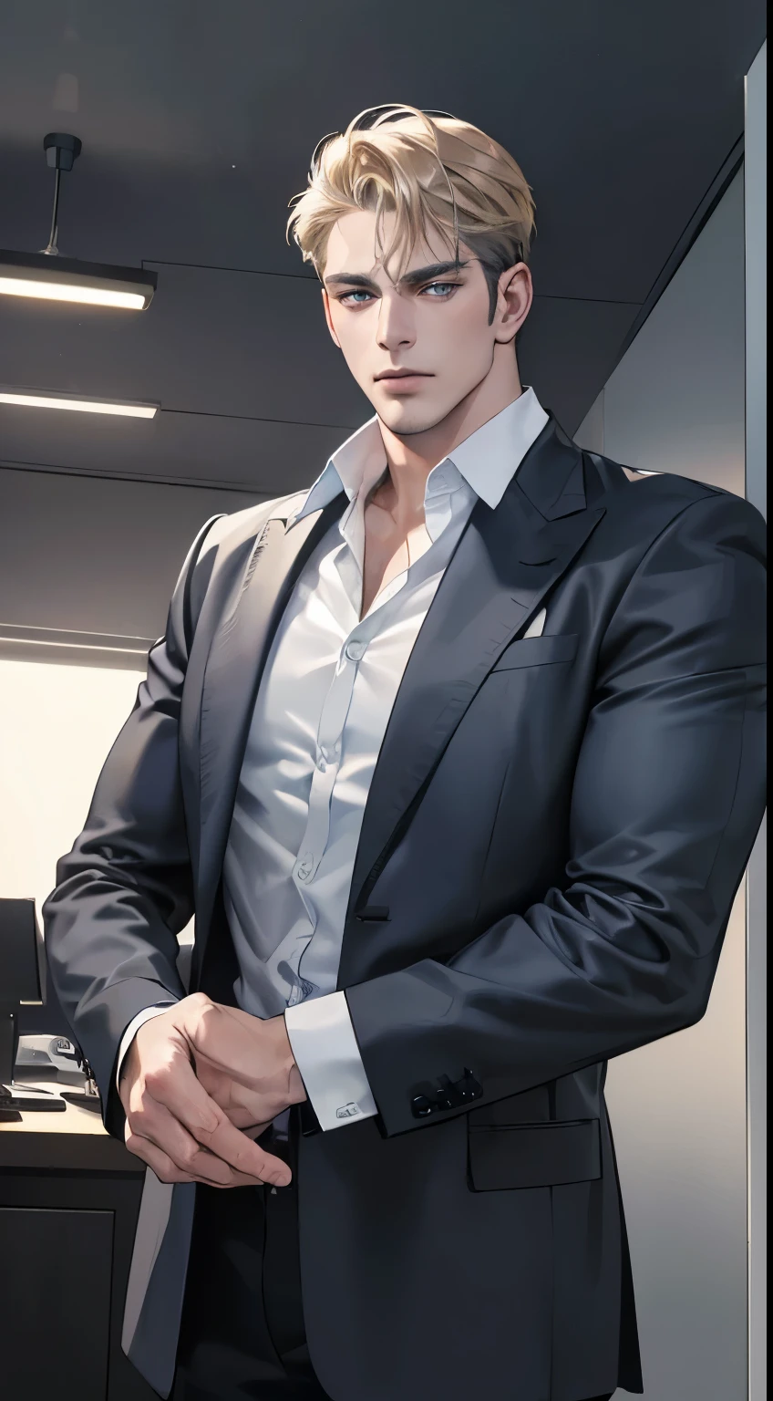 (best quality, masterpiece, 8K, photorealistic, cinematic lighting, hdr image, ultra detailed, beautiful image), 1 man, 3, mature man, very handsome, (without expression, serious), short golden hair, blue grey eyes ( penetrating gaze), perfect face without errors, imposing posture, without errors, businessman, office background