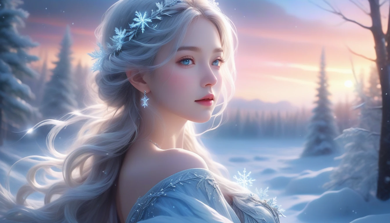 A Masterpiece In 32K Resolution, Supreme Clarity, Hyperreal Detail, Cinematic Artwork, Ultra-High-Resolution 32K Wallpaper, Majestic Lighting, Ethereal Beauty, And Immaculate Precision. The Scene Portrays A Girl Amidst A Serene, Snow-Covered Forest, Soft Flurries Falling Around Her In The Crisp Night Air. She Accentuating Her Full Bosom, With Glistening Jewelry That Dances With Her Every Shift. Her Skin Shimmers Like Frosted Glass, Radiating A Subtle Glow Against The Moonlit Snow. Her Wild, Wind-Swept Silver Hair Cascades Over Her Shoulders, Blending Effortlessly With The Pale, Icy Landscape. Glistening Crystals Of Snow Catch In Her Hair, Reflecting The Cool Light Of A Winter Night. She Is Draped In A Flowing, Ethereal Gown That Glows Softly Under The Majestic Northern Lights, Which Dance Across The Sky. Her Piercing, Ocean-Blue Eyes Stand Out Strikingly Against The Pale Environment, With An Intense, Soulful Gaze That Draws The Viewer In. Her Jewelry, Embellished With Frosted Gems, Glimmers As She Moves Gracefully Through The Snow-Laden Forest. The Cinematic Lighting Highlights The Depth And Immensity Of The Snow-Covered Scene, While Her Mystical Aura Exudes Grace And Elegance. The Hyper-Realistic Detail Captures Her Serene Yet Powerful Presence, Surrounded By The Whispering Silence Of The Winter Landscape, With Each Snowflake Illuminated In The Crisp Air Around Her.