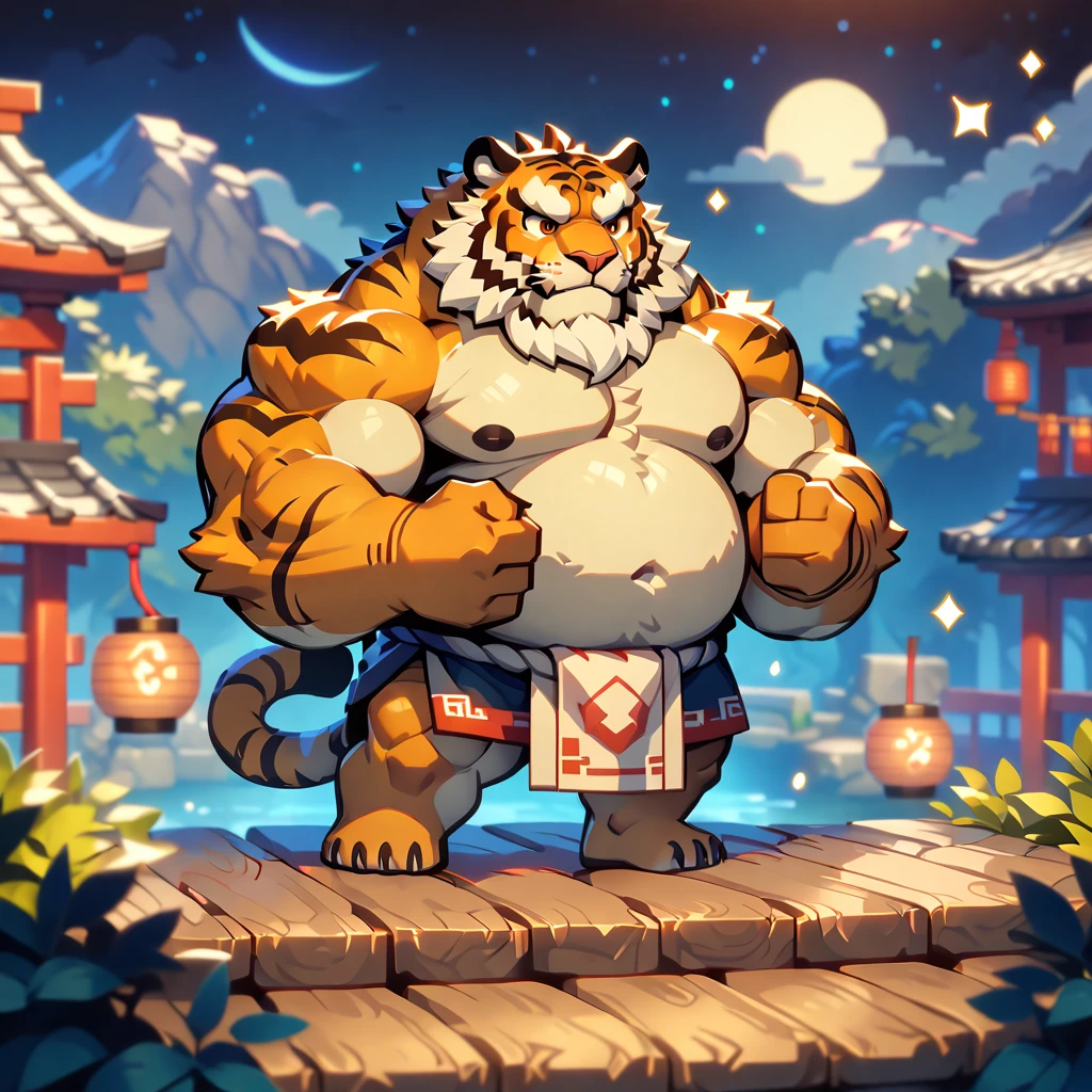 masterpiece, best quality, very aesthetic, absurdres, BREAK noise reduction, super fine illustration, detailed beautiful face and eyes, sharp focus, crisp quality, BREAK pixel art, chibi, [face:full body:10], from above, summer festival, musclegut middle-aged tiger man, fluffy body, tail, brown eyes, beautiful beard, male face, big face, square jawline, male eyes, sharp eyes, big eyes, male eyebrows, innocent look, BREAK fundoshi, topless, crossing one's arms, dynamic pose, BREAK [simple background::12], starry sky, shrine, 