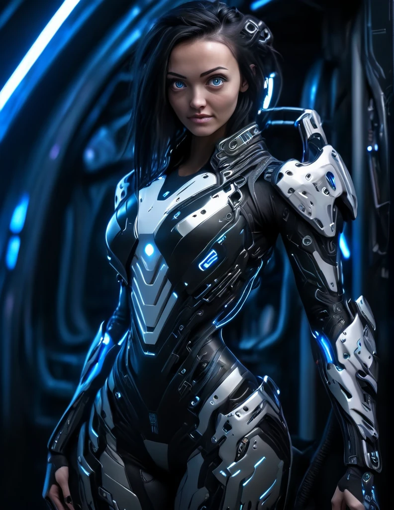 A woman wearing exoskeleton cyber armor, The armor fits snugly、((She has a plasma gun in her hand)), Full body photo, Maximum details, Superior quality through precise drawings, 8k,chest, blue eyes,  High resolution, 超High resolution, Best Quality, Shortcuts, Big chest, Cinematic Lighting Effects, Futuristic beautiful black hair woman, Shining blue eyes, Cyberpunk style woman, ((Hi-tech spaceship interior with blue light illumination)), High-quality images、Black Hair, Shortcuts, 