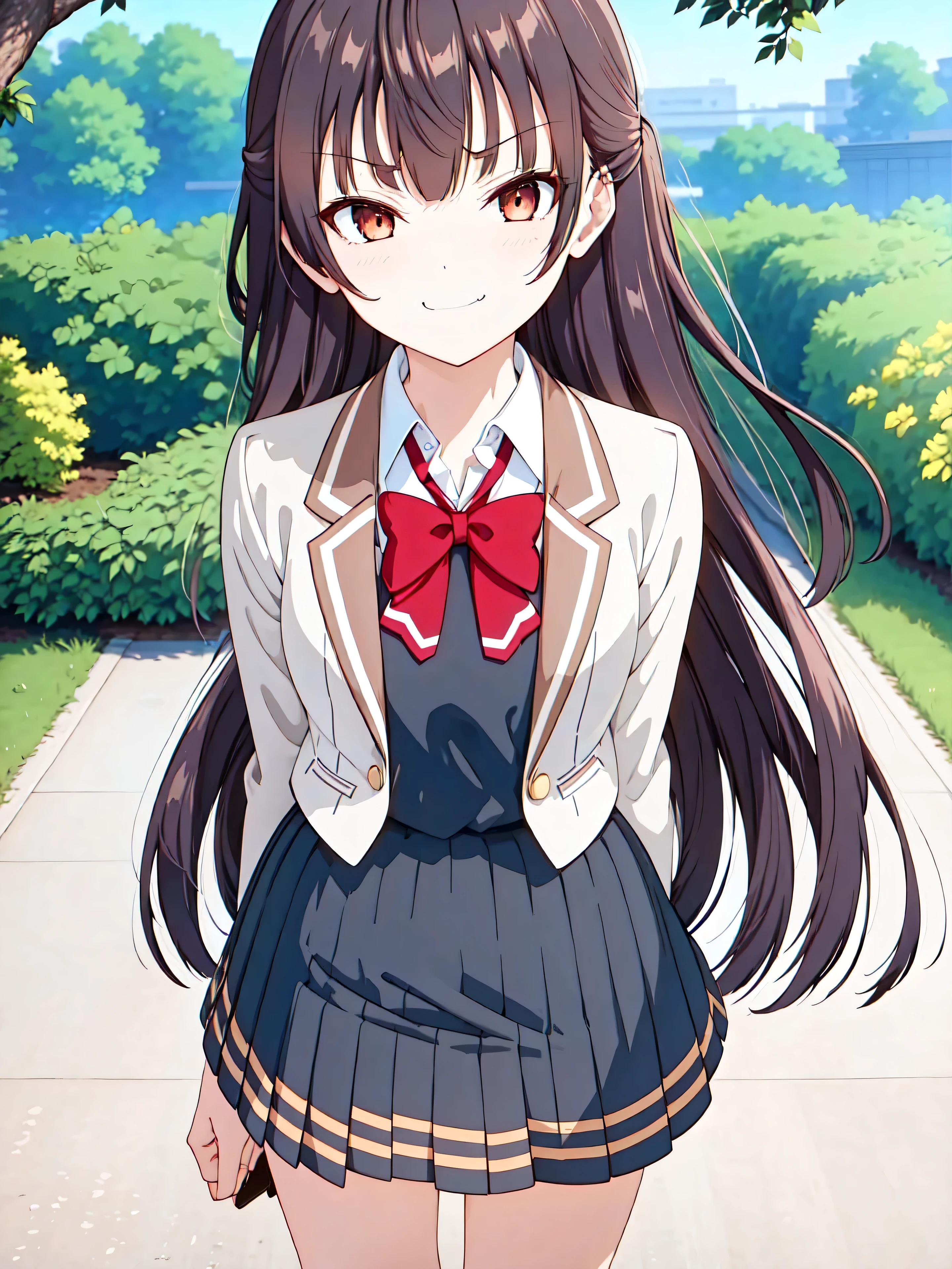 (One girl), Full Body Shot,(masterpiece:1.2), Best Quality,((((High resolution)))), unity 8k wallpaper, (shape:0.8), ((((Highly detailed face)))), Perfect lighting, (((Extremely detailed CG))),bangs, Black Hair, blue null, Blurred, Blurred background, Red cheeks, bow, bowtie, Brown eyes, Brown Hair, building, Bush, Mouth closed, cloud, collared shirt, day, Depth of written boundary, dress, Eyebrows visible through hair, jacket, Long Hair, Long sleeve, View your viewers, Open clothes, open jacket, Outdoor, Park bench, red bow, red bowtie, uniform, shirt, skirt, null, smile, Alone, tree, Upper Body, very Long Hair,青null,(((smug face)))
