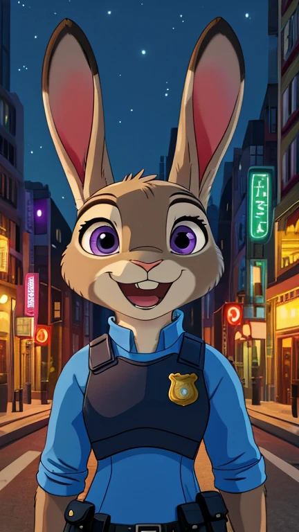 (furry female anthro, rabbit girl, rabbit ears, police uniform,  solo), highly insanely detailed, masterpiece, top quality, best quality, highres, 4k, 8k, RAW photo),((innocent look)),((ghibli style)),From the front, symmetrical composition,smile,cute,Innocent,Kind eyes,Flat chest,digital art Style, night, city, tokyo, street, akihabara, neon lights, (judyhopps)),front view, Upper body, (body fur:1.2), (detailed fluffy fur:1.1), bulletproof vest, purple eyes, smile, (buck teeth:1.2), open mouth, 