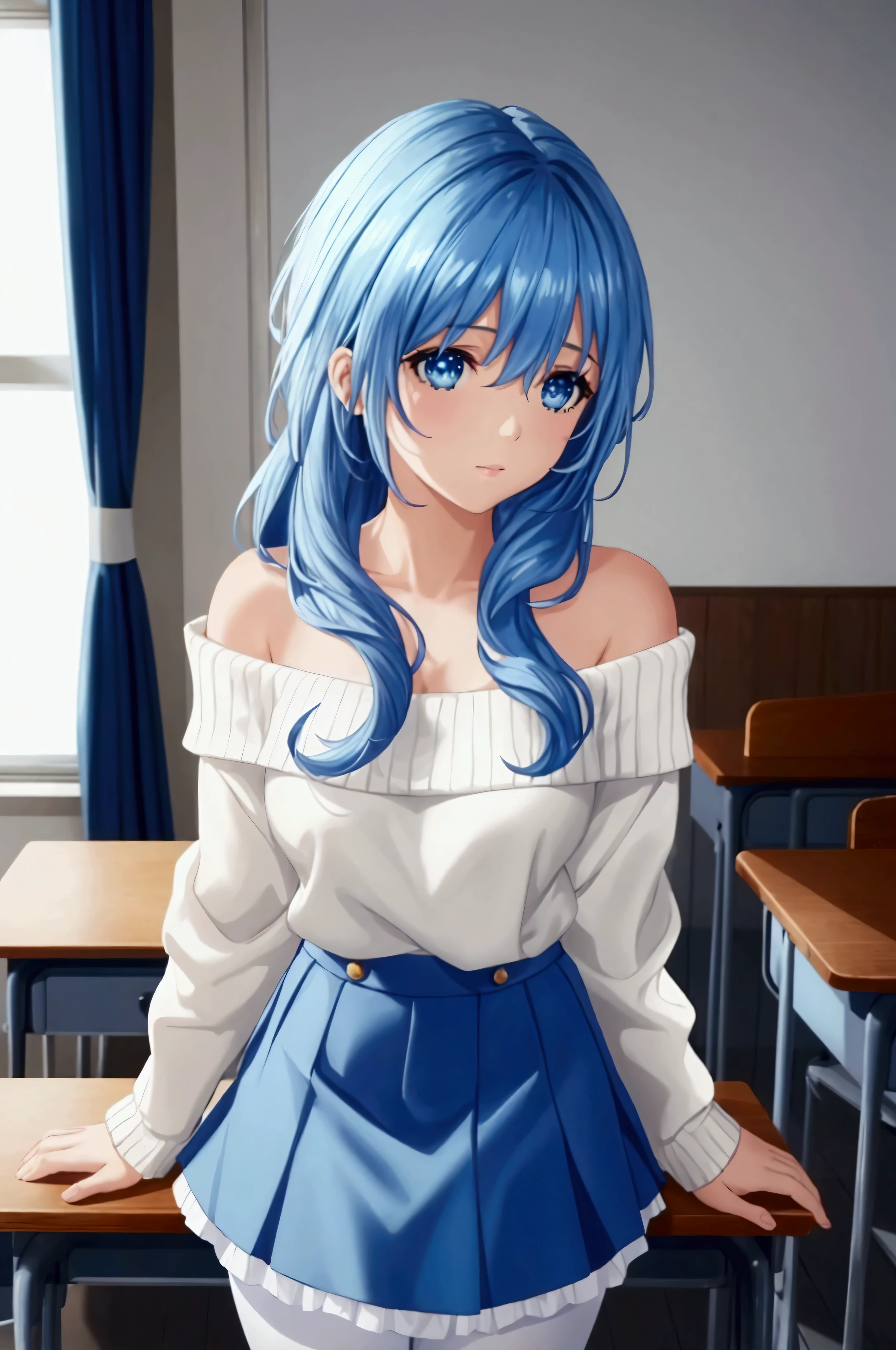 Young Girl, Wearing off-shoulder sweater, Blue hair, blue eyes, white Skirt, white Pantyhose, classroom, soft light