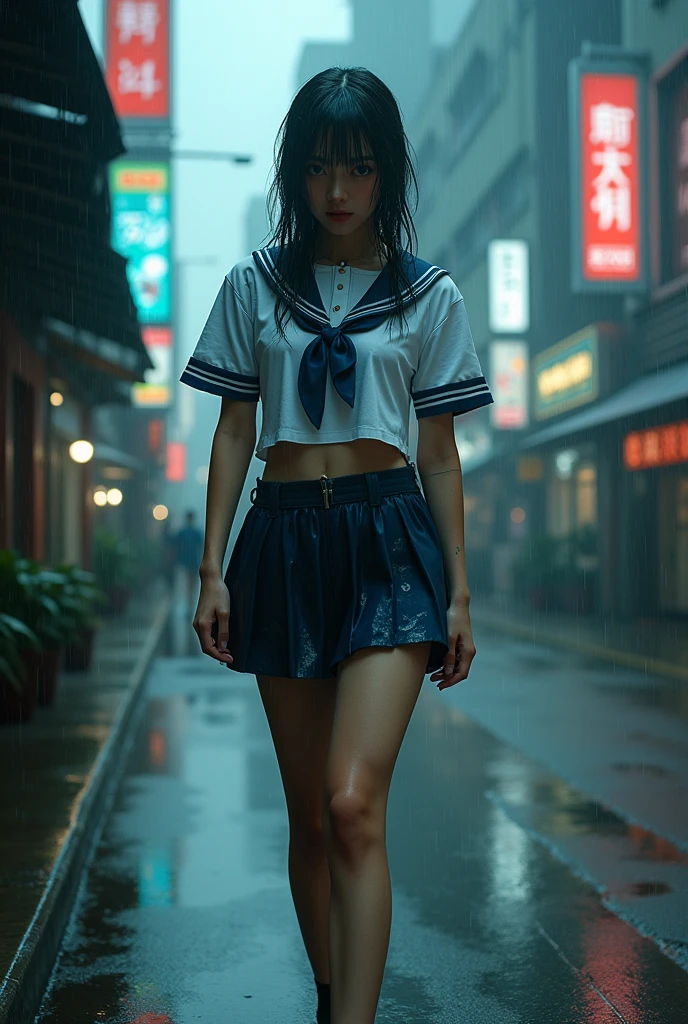 (highest quality、8k、High resolution、masterpiece:1.2)、Young and beautiful woman、(Correct Anatomy)、(Spread your legs)、(Squat)、(Excited expression)、(White Shirt、A bow tie、Tartan check mini skirt、White panties:1.3)、(Heavy rain:1.55)、(Motion Blur Effect:1.5)、(Wet body:1.5)、Busy street at night、neon、(Looking at the camera)、mynatalee woma、cr1r3、ahud
