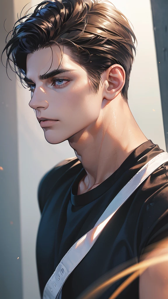 (Best quality,4K,8K,a high resolution,masterpiece:1.2),ultra detailed,(realistic,photorealistic,photo-realistic:1.37),3 man,Beautiful anime,portraits,strong,masculine,dark hair,Sharp jawline,Mesmerizing eyes,Perfectly styled hair,confident expression,bright colors,dynamic lighting,Brown eyes,(Black T-shirt),(dark skin),((mature man, man 40 years old)), (square jaw)