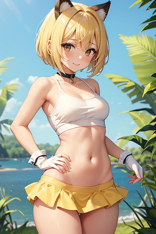 High quality, Ultra detailed, best quality, insanely detailed, beautiful, masterpiece,Sexy cat-eared girl in a very revealing outfit that's almost naked wearing extremely low-rise yellow microskirt and white sports bra is running in the grassland,Blonde hair, (black cat ears:1.1), (tanned skin:1.1),yellow eyes, pointy eyes, bob cut hair, bare neck, collarbone, bare shoulders, cleavage, large breast, white sleeveless sports bra with frills, crop top, midriff, navel, bare groin area, (groin line:1.5),yellow elbow gloves, (yellow ultra low rise micro mini skirt:1.3), (bare groin area:1.3),(extremely ultra low-rise micro mini skirt that exposes the groin area:1.4), (extremely ultra low-rise micro mini skirt which is so short that her pubis is visible:1.4 ),(Excessively low-rise microminiskirt:1.3), (microminiskirt is so low-rise that Almost the entire groin area is exposed:1.3),(Hip bone:1.4), wide hips, thick thighs, (pubis exposed:1.4), (extremely low-rise micro mini skirt which is so short that her groin area is visible:1.4 ), A skirt that is too short to cover the crotch,The hem of the skirt is jagged,bare Lower abdomen, (no panties:1.4), (pantyless:1.3),no underwear, (ass visible through thighs:1.1), yellow thigh-high socks, black cat tail, Grassland, curvy, thigh gap, dynamic pose, dynamic angle, smile, sluty,(Bloomer-shaped tanlines:1.1), from side, jogging