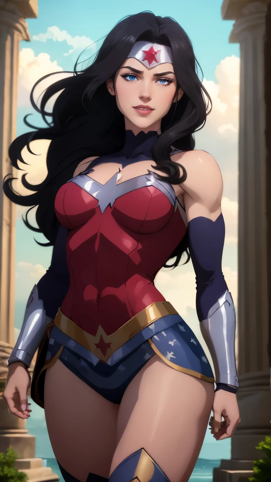 wonder woman da DC,(best qualityer,4K,8k,high resolution,work of art:1.2)(weather: cloudy), greek temple background, temple ruins, long curly hair, black hair, red top, blue micro shorts, red thigh high boots, diadem, long toga skirt, bracelets, combat pose, ultra detailed,portrait,realistic,beautiful detailed blue eyes, beautiful detailed lips,extremely detailed eye and face, long eyelashes,average,large breasts,flying hair,beaming smile, cute smile,powerful girl, bright coloured, dramatic lighting,