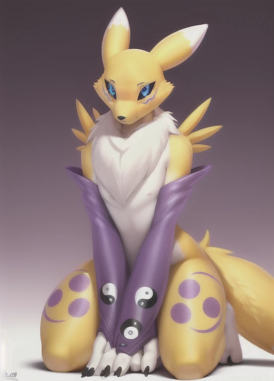 renamon, furry, ambiguous gender, portrait, kneeling, solo, (body fur:1.2), (best quality), gradient background, studio lighting, (detailed fluffy fur:1.1), looking at viewer, yin yang print, bridal gauntlets, tail, leg tattoo, hypnotized with completely spyral glowing purple eyes with no irises or pupils,