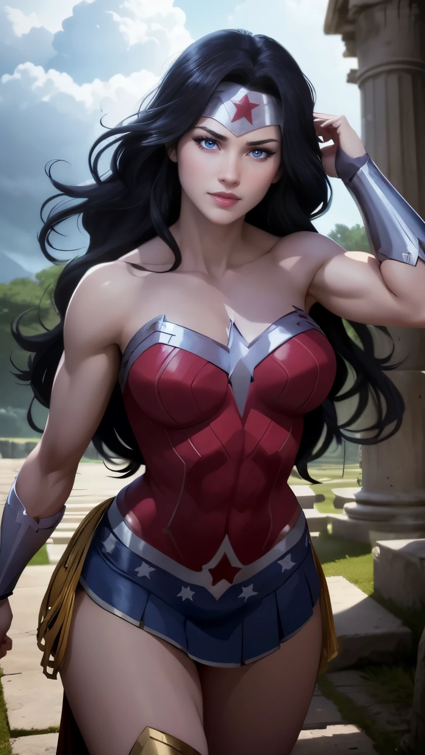 wonder woman da DC,(best qualityer,4K,8k,high resolution,work of art:1.2)(weather: cloudy), greek temple background, temple ruins, long curly hair, black hair, red top, blue micro shorts, red thigh high boots, diadem, long toga skirt, bracelets, combat pose, ultra detailed,portrait,realistic,beautiful detailed blue eyes, beautiful detailed lips,extremely detailed eye and face, long eyelashes,average,large breasts,flying hair,beaming smile, cute smile,powerful girl, bright coloured, dramatic lighting,