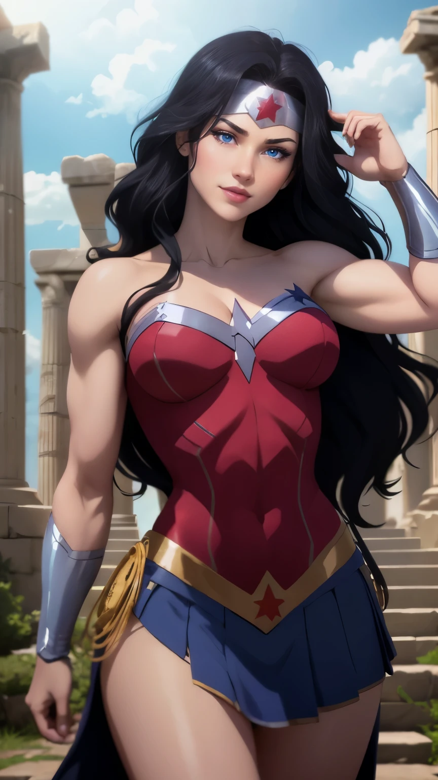 wonder woman da DC,(best qualityer,4K,8k,high resolution,work of art:1.2)(weather: cloudy), greek temple background, temple ruins, long curly hair, black hair, red top, blue micro shorts, red thigh high boots, diadem, long toga skirt, bracelets, combat pose, ultra detailed,portrait,realistic,beautiful detailed blue eyes, beautiful detailed lips,extremely detailed eye and face, long eyelashes,average,large breasts,flying hair,beaming smile, cute smile,powerful girl, bright coloured, dramatic lighting,