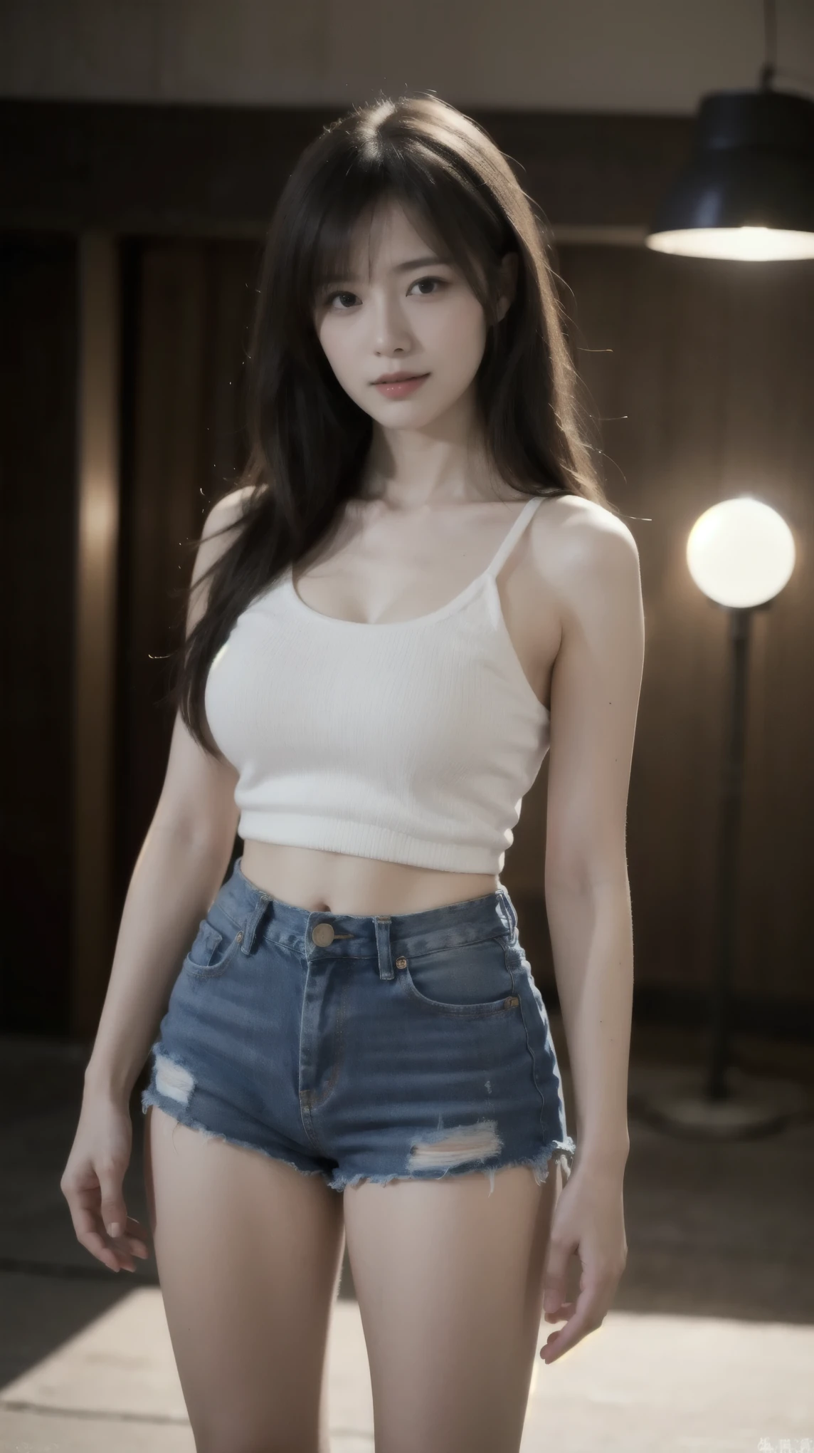 absurdres, RAW photo, extremely delicate and beautiful, masterpiece, Best Quality, ultra high resolution, 32k, hyperrealistic, ultra-detailed, perfect anatomy, super Detailed skin, perfect figure, Super Beauty, Perfect Style, Perfect balance, Beautiful Lighting, Perfect Lightning, Realistic Shadows, 20 years old, very Slim body, narrow waist, very small head, very small face, delicate facial features, handsome detailed woman, very detailed eyes and face, realistic face proportions, Realistic beautiful face, Realistic beautiful eyes, tearful mole, earring, very huge round breasts, legs, medium hair, asymmetrical hair, full body shot, indoor, tank top, crop top, skirt, sleeveless,