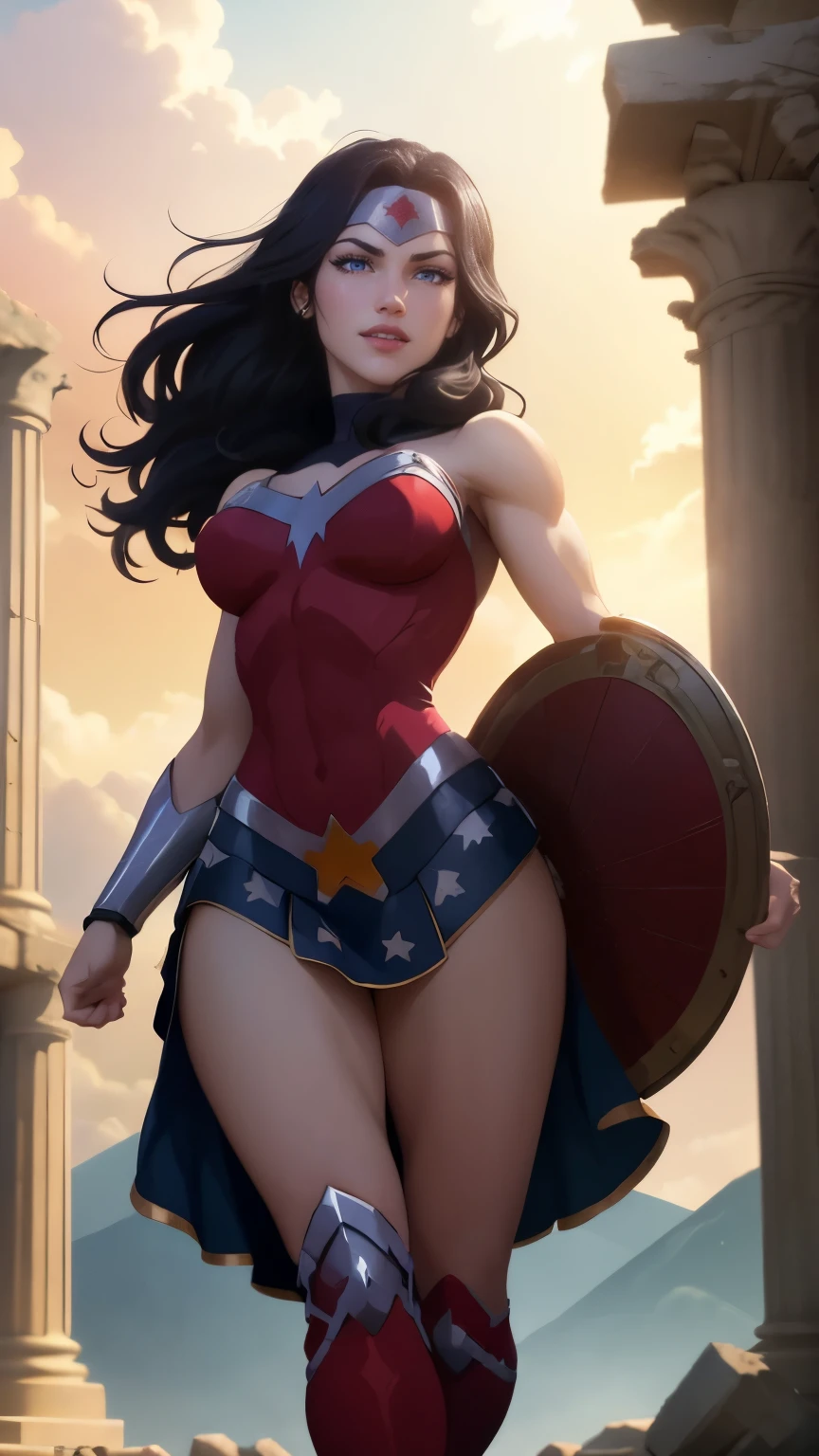 wonder woman da DC,(best qualityer,4K,8k,high resolution,work of art:1.2)(weather: cloudy), greek temple background, temple ruins, long curly hair, black hair, red top, blue micro shorts, red thigh high boots, diadem, long toga skirt, bracelets, combat pose, ultra detailed,portrait,realistic,beautiful detailed blue eyes, beautiful detailed lips,extremely detailed eye and face, long eyelashes,average,large breasts,flying hair,beaming smile, cute smile,powerful girl, bright coloured, dramatic lighting,