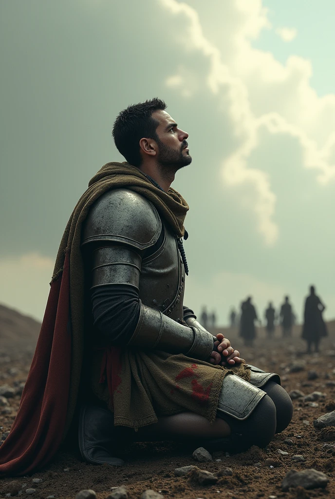 A medieval warrior bent over on his knees with his forehead resting on his sword, with his armor shining and dripping with blood . Add the following sentence to the bottom of the image: "Don't ask me if I'm capable... just give me the mission!"
