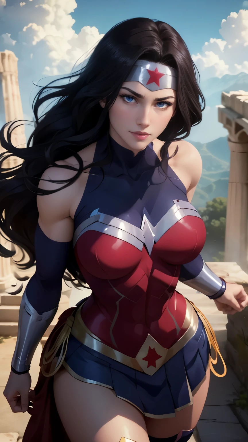 wonder woman da DC,(best qualityer,4K,8k,high resolution,work of art:1.2)(weather: cloudy), greek temple background, temple ruins, long curly hair, black hair, red top, blue micro shorts, red thigh high boots, diadem, long toga skirt, bracelets, combat pose, ultra detailed,portrait,realistic,beautiful detailed blue eyes, beautiful detailed lips,extremely detailed eye and face, long eyelashes,average,large breasts,flying hair,beaming smile, cute smile,powerful girl, bright coloured, dramatic lighting,