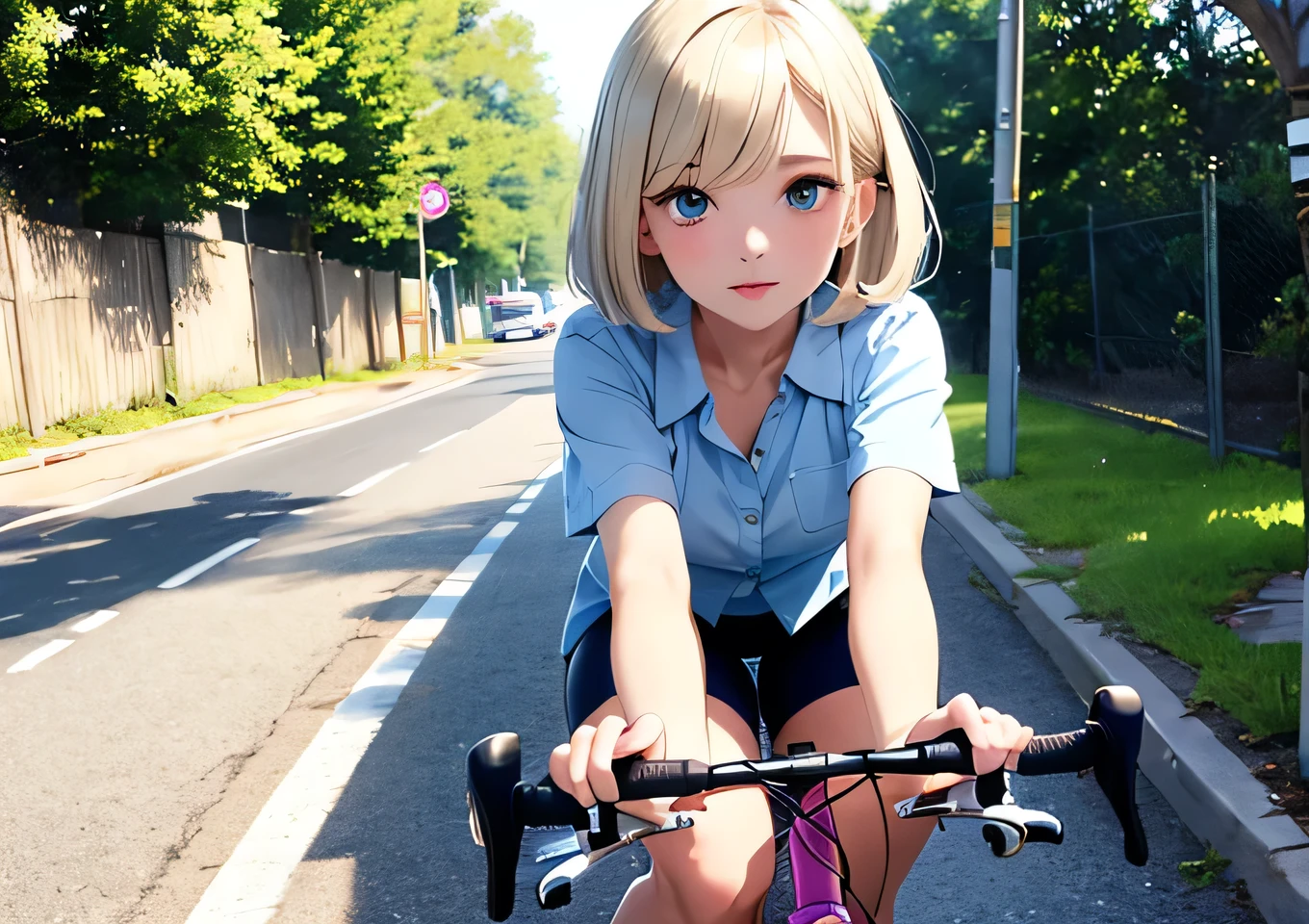Riley Andersen 10 years old, short shoulder length blonde hair, pechos muy gigantis, very fat legs, caderas grandis, nalgas muy gigantis, sitting astraddle atop the side of a bicycle with flowers in the background, 1 girl, Alone, micro shorts, is, shirt, black micro shorts, thighs, outdoor, mirando al ispectador, sleeveless, crop top, sleeveless shirt, hombros discubiertos, blue shirt, haddock, vehículo terristre, bermuda micro shorts, diaphragm, day, bicycle, brazos disnudos, old, looking back, Lateral, :t, dolphin micro shorts