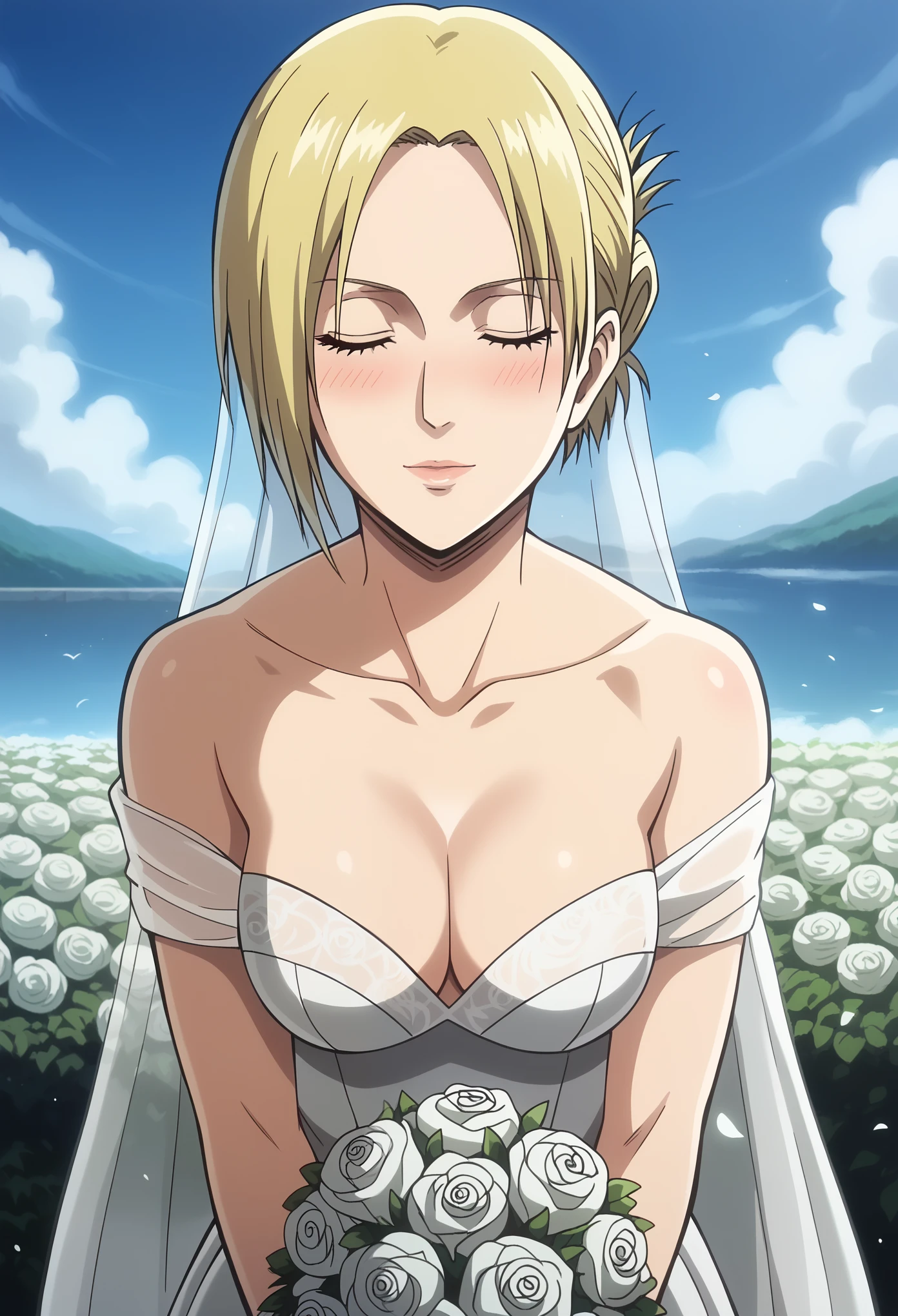 score_9, score_8_up, score_7_up, source_anime, solo, annie leonhardt, short hair, blonde hair, folded ponytail, blushing, looking at viewer, wedding dress, wedding veil, off shoulder, cleavage, smile, outdoor, sky, standing, cowboy shot, jewelry, flower, medium breasts, incoming kiss, collarbone, closed eyes, bouquet