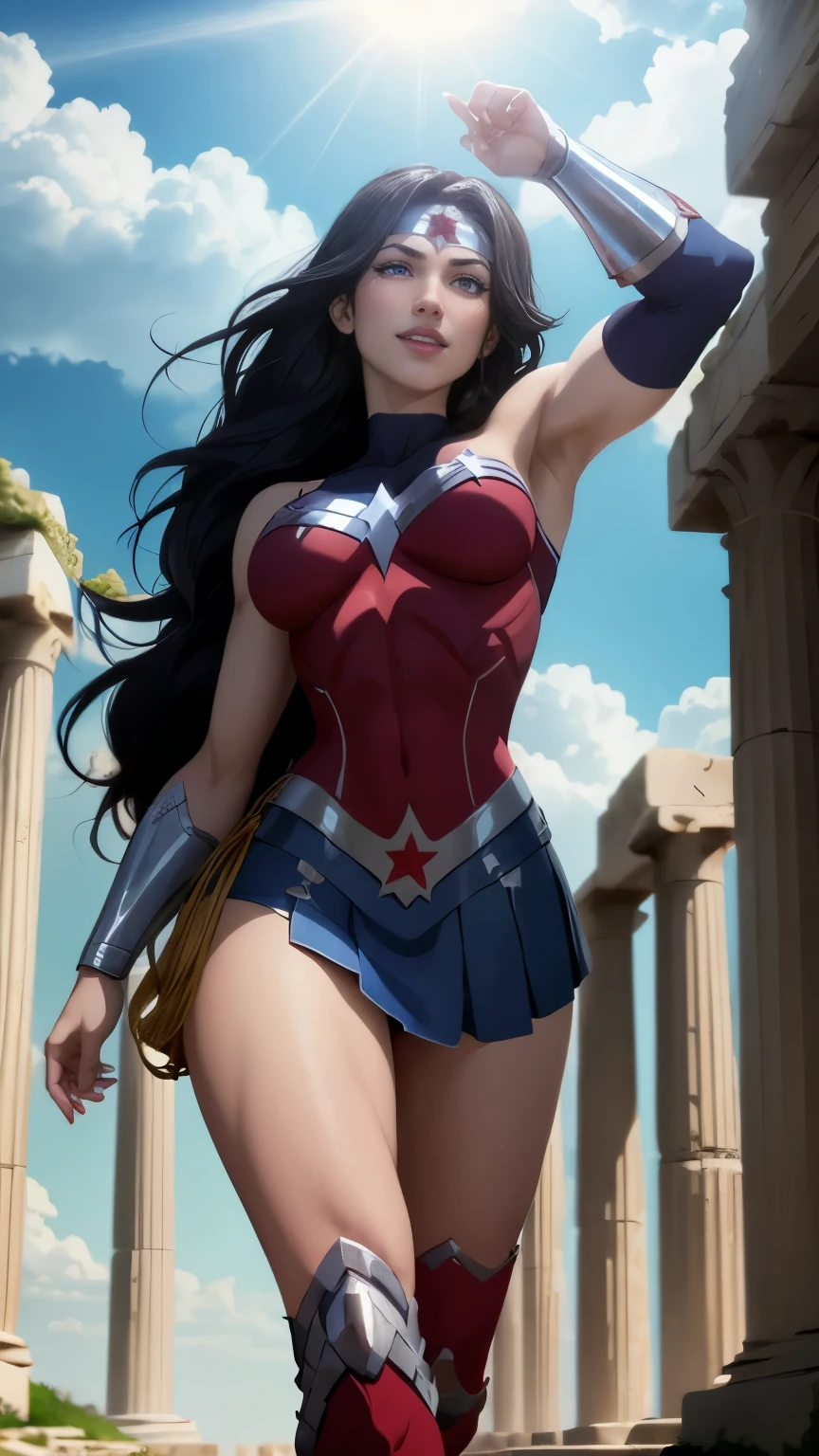 wonder woman da DC,(best qualityer,4K,8k,high resolution,work of art:1.2)(weather: cloudy), greek temple background, temple ruins, long curly hair, black hair, red top, blue micro shorts, red thigh high boots, diadem, long toga skirt, bracelets, combat pose, ultra detailed,portrait,realistic,beautiful detailed blue eyes, beautiful detailed lips,extremely detailed eye and face, long eyelashes,average,large breasts,flying hair,beaming smile, cute smile,powerful girl, bright coloured, dramatic lighting,