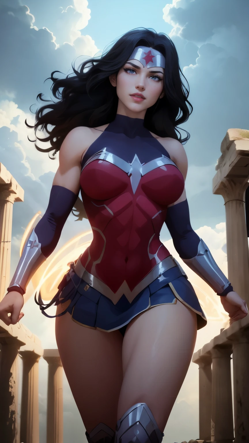 wonder woman da DC,(best qualityer,4K,8k,high resolution,work of art:1.2)(weather: cloudy), greek temple background, temple ruins, long curly hair, black hair, red top, blue micro shorts, red thigh high boots, diadem, long toga skirt, bracelets, combat pose, ultra detailed,portrait,realistic,beautiful detailed blue eyes, beautiful detailed lips,extremely detailed eye and face, long eyelashes,average,large breasts,flying hair,beaming smile, cute smile,powerful girl, bright coloured, dramatic lighting,