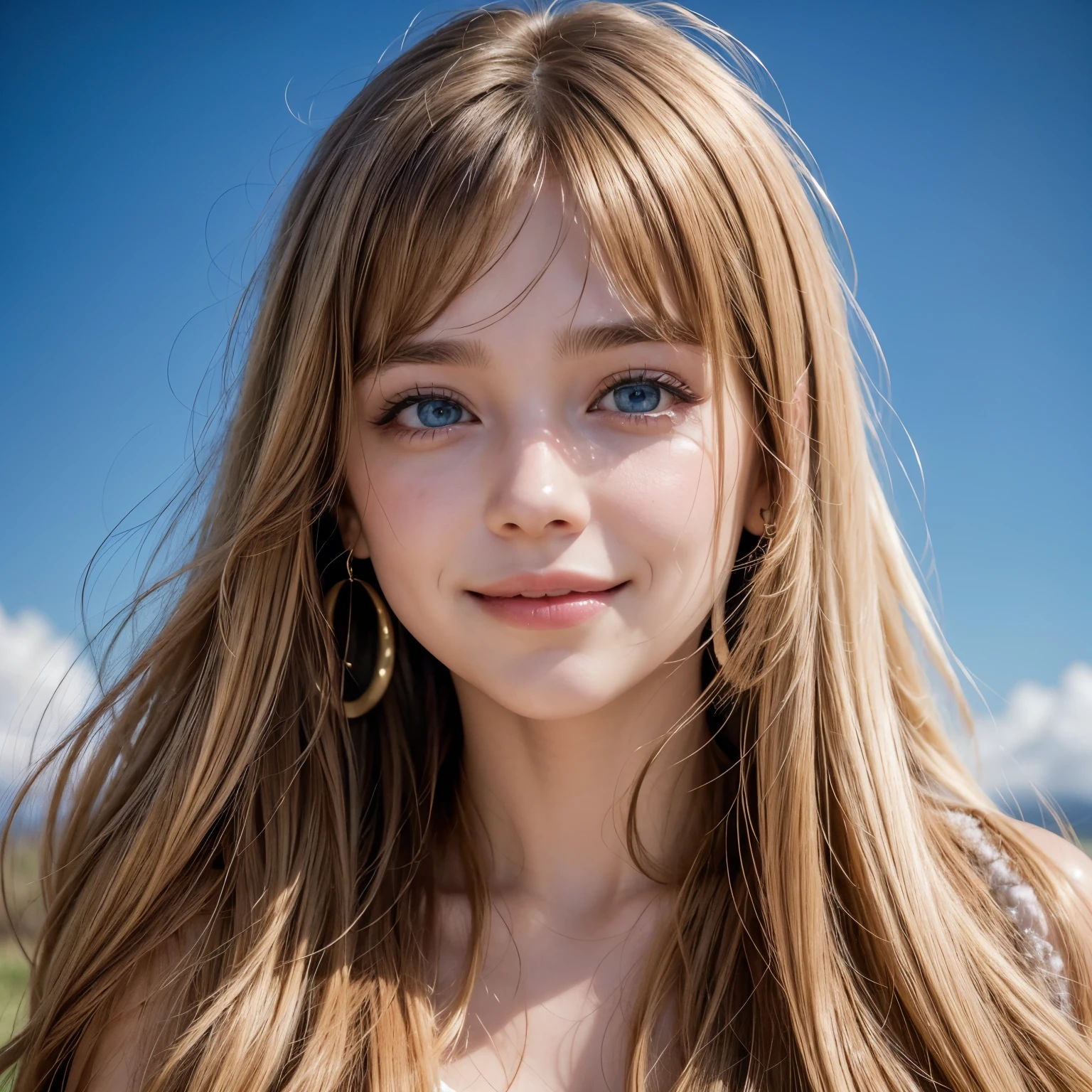 reallistic、photo-like、Detailed models、Young and beautiful model、extremely beautyful girl、soft portrait shot 8 k, gorgeous young model,Clean blue eyes、Detailed Caucasian model、独奏、Slavic Caucasian、Longhaire、bangss、masuter piece、light blue lace dress、party dress、Light brown long hair、Gorgeous light brown long hair、Sleeveless dresses、hair adornments、14Year old girl、A slight smil、Open your mouth and laugh、Hairstyle with bangs、On the red carpet、Beautiful high nose、Caucasian girl of Slavic descent、Beautiful wavy hair、A beautiful Blue eyes、Chromo-white skin