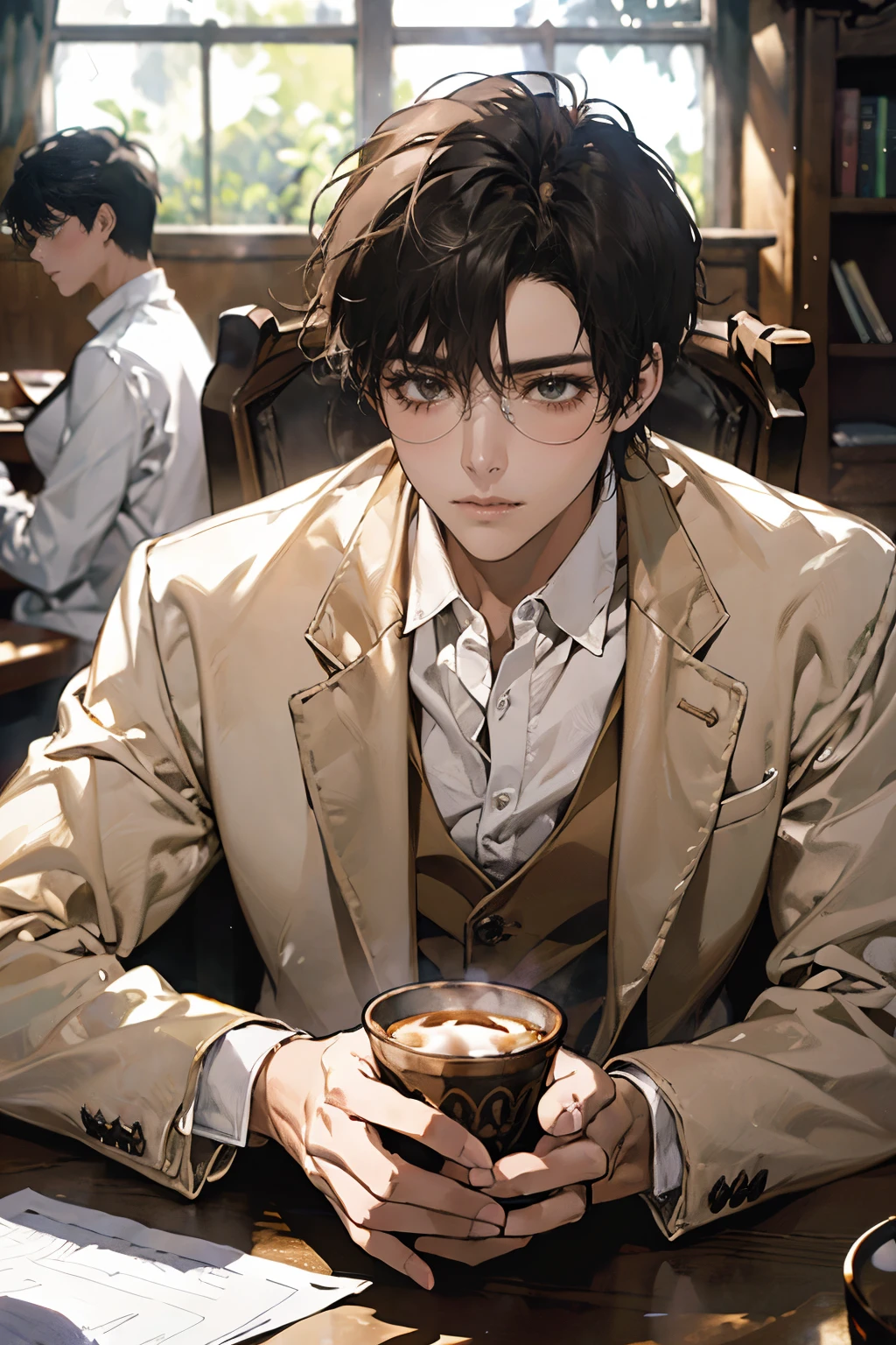 (Masterpiece artwork, high resolution, ultra details:1.0), (1 , young male), eyes looking at the camera, perfect male body, extremely detailed CG, 8k wallpaper, Complicated Details, just people, face detailed,(brown hair, eyes browns, white  shirt, brown overcoat,brown suit vest, cups, shadowy face, Sit in front of the laptop, Behind her is a large bookshelf, sitting at the work table, I was in the workroom), Color difference, Depth of field, dramatic shadow, ray tracing, best quality, cinematic lighting, Dark lighting of the room, offcial art,  wearing glasses.