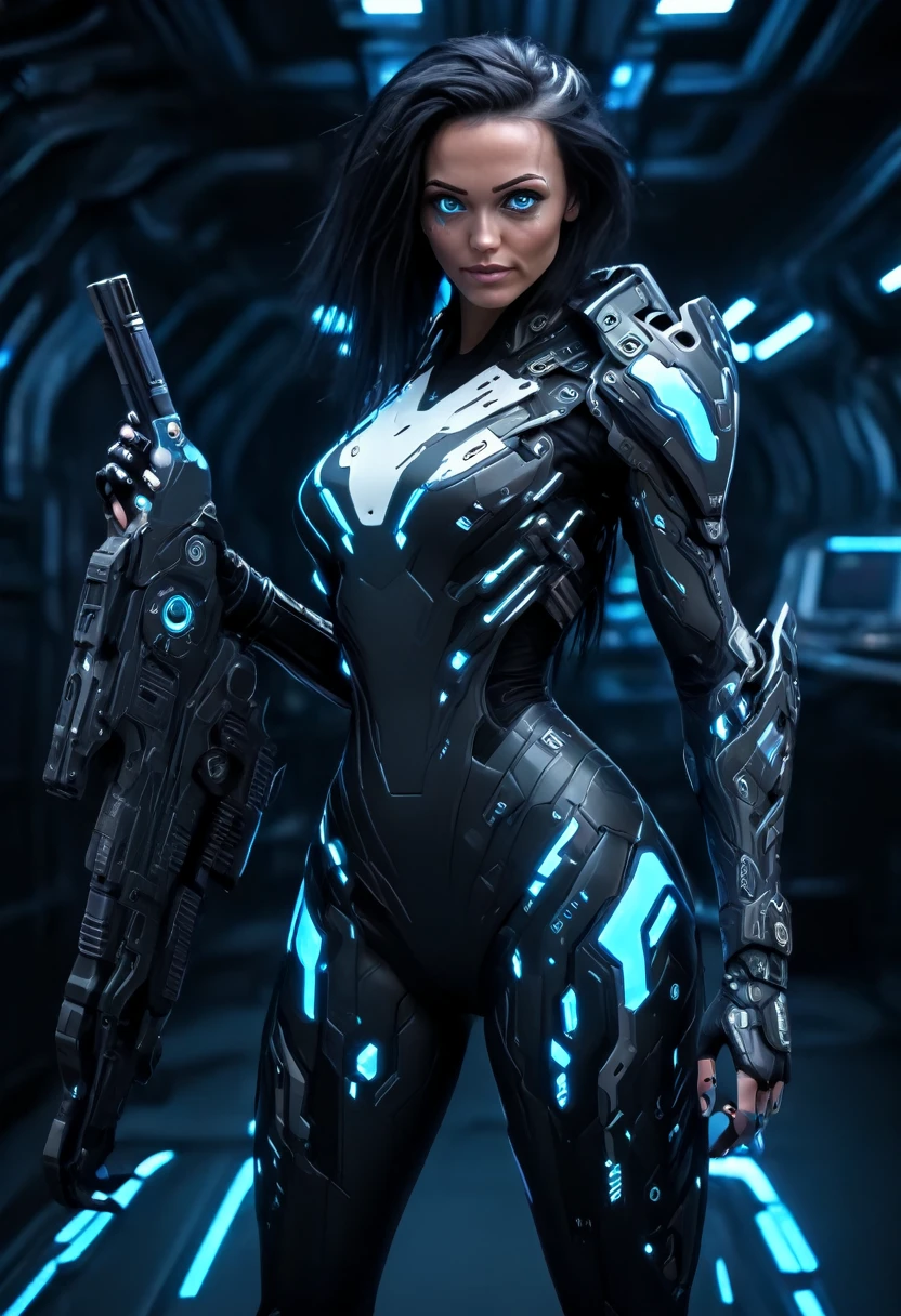 A woman wearing exoskeleton cyber armor, The armor fits snugly、((She has a plasma gun in her hand)), Full body photo, Maximum details, Superior quality through precise drawings, 8k,chest, blue eyes,  High resolution, 超High resolution, Best Quality, Shortcuts, Big chest, Cinematic Lighting Effects, Futuristic beautiful black hair woman, Shining blue eyes, Cyberpunk style woman, ((Hi-tech spaceship interior with blue light illumination)), High-quality images、Black Hair, Shortcuts, 