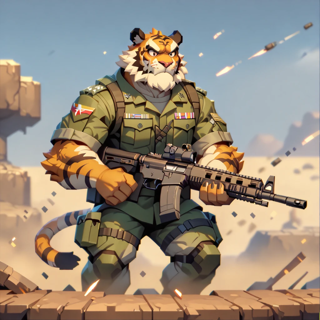 masterpiece, best quality, very aesthetic, absurdres, BREAK noise reduction, elaborate, BREAK pixel art, [face:full body:10], dynamic angle, military, sergeant, plump middle-aged tiger man, fluffy body, tail, brown eyes, beautiful beard, male face, big face, square jawline, male eyes, sharp eyes, big eyes, male eyebrows, innocent look, BREAK set up assault rifle, standing, fighting, BREAK [simple background::12], battlefield, outdoor,  