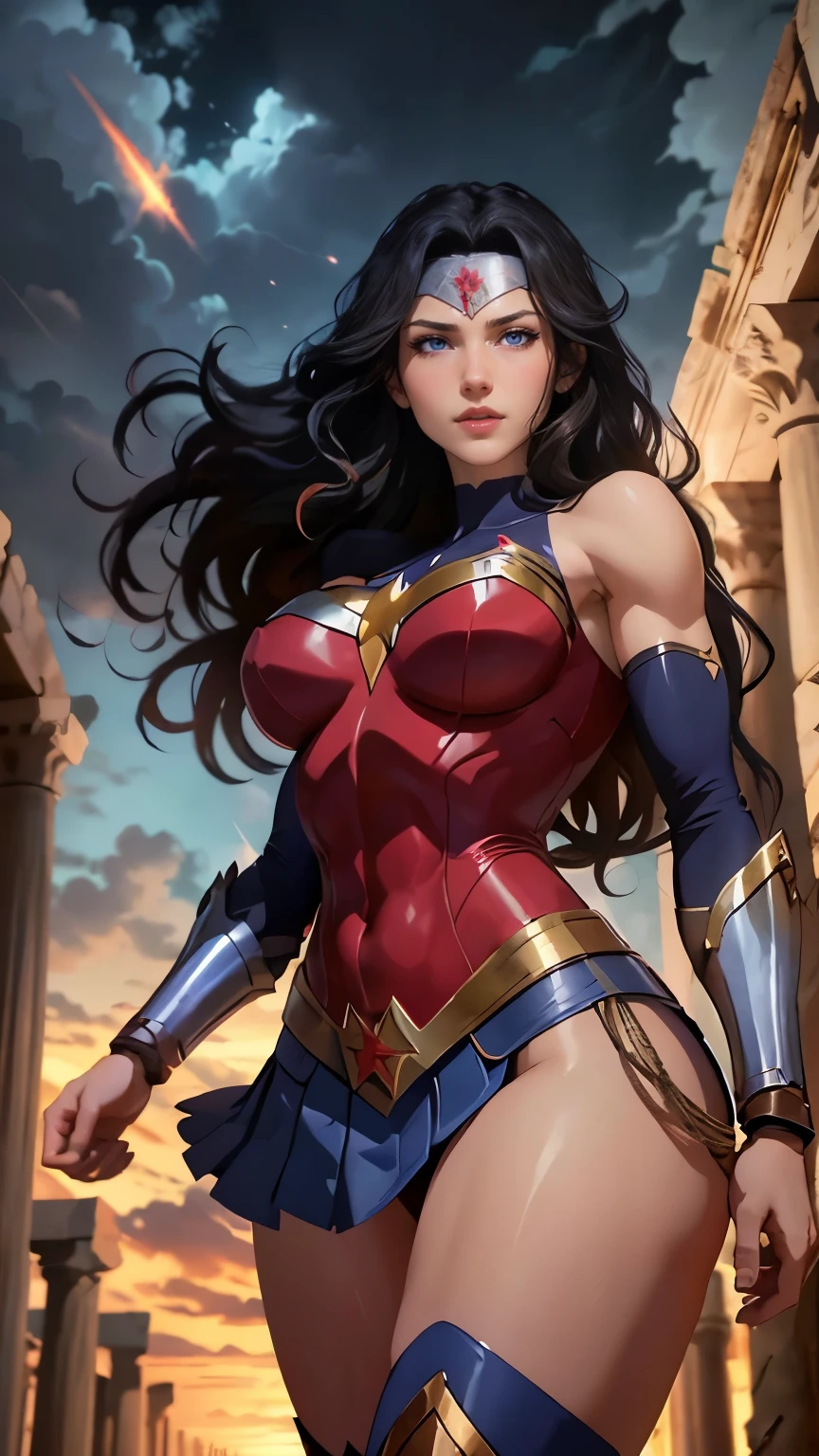 wonder woman da DC,(best qualityer,4K,8k,high resolution,work of art:1.2)(weather: cloudy), greek temple background, temple ruins, long curly hair, black hair, red top, blue micro shorts, red thigh high boots, diadem, long toga skirt, bracelets, battle stance, ultra detailed,portrait,realistic,beautiful detailed blue eyes, beautiful detailed lips,extremely detailed eye and face, long eyelashes,average,large breasts,flying hair,beaming smile, sexy smile,powerful girl, bright coloured, dramatic lighting,