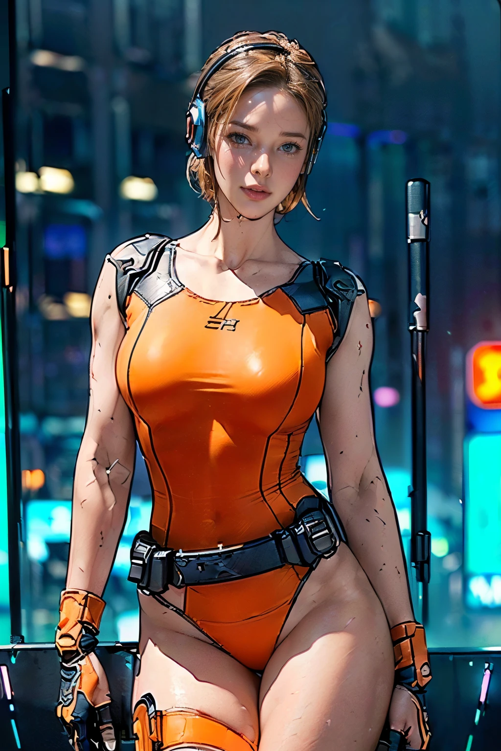 (One Woman),(((A female member of the future police force is holding a baton))),((orange colors tactical bodysuit:1.5)),((headset:1.5)),((Tactical Holster:1.5)),(Gloves:1.5),light smile,(extra short hair:1.5),(Blonde:1.5),(Beautiful Eyes:1.3),(Very detailedな顔:1.5),((Very detailed drawing of a female hand:1.5)),((muscular:1.5)),(Sexy Looks:1.5),((Thick thighs:1.5)),(Beautiful body:1.5),((Very sensual:1.5)),(The background is a futuristic city:1.5),(Cyberpunk atmosphere:1.5),(((Blur the background:1.5))),(Written boundary depth:1.5),break(((masterpiece:1.5),(highest quality:1.5),(Very detailed:1.5),(High resolution:1.5),(Realistic:1.5),(Realistic:1.5),(Delicate depiction),(Careful depiction))),8k,wallpaper