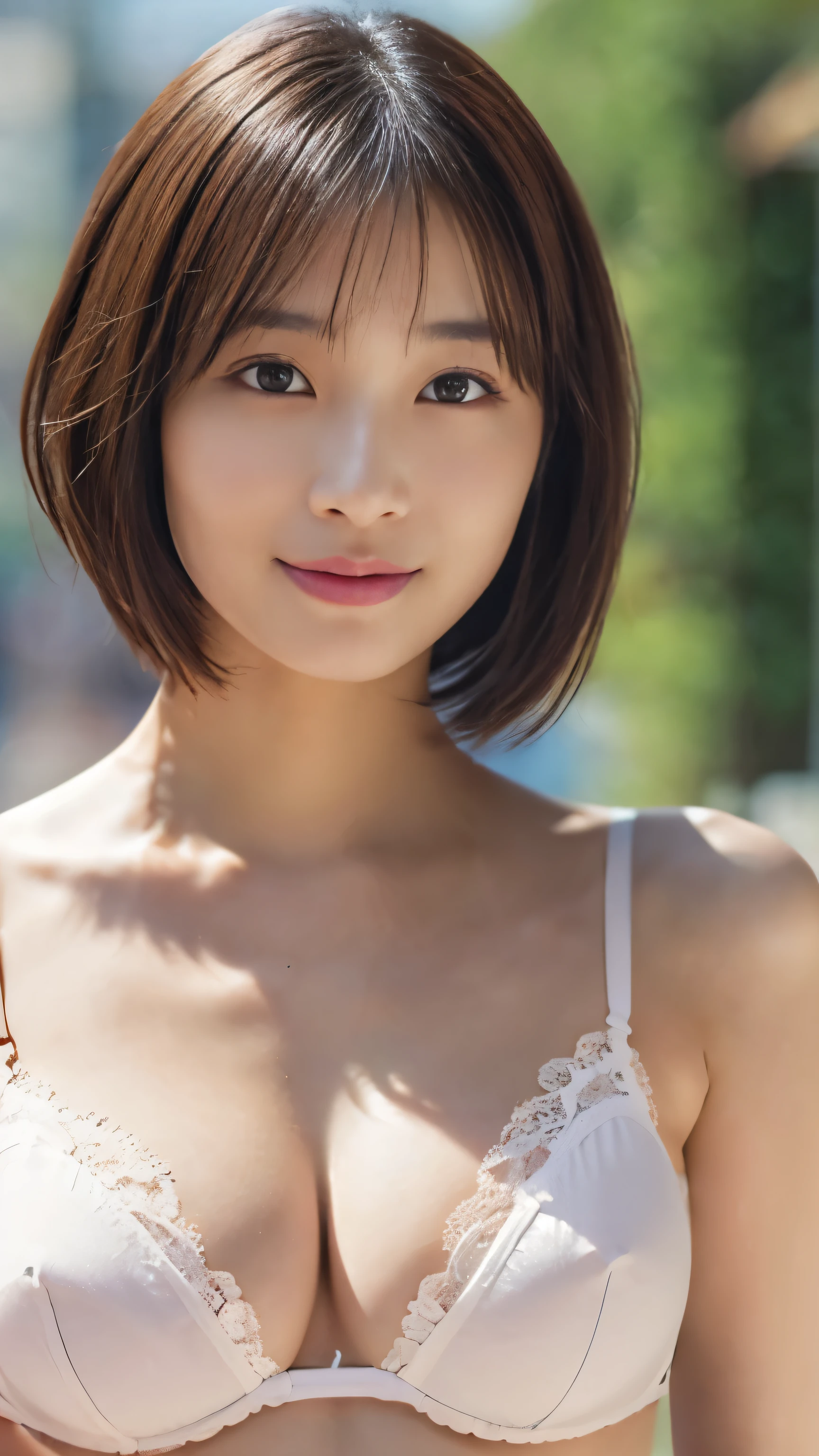 1 girl, (White lace bra、White panties、The clothes are see-through、Protruding nipples:1.1、Cleavage), Beautiful Japanese actresses, (RAW Photos, highest quality), (Realistic, Photorealistic:1.4), masterpiece, Very delicate and beautiful, Very detailed, wonderful, finely, very detailed CG Unity 8K 壁紙, Very detailed, High resolution, Soft Light, Beautiful detailed girl, Very detailed目と顔, Beautiful and detailed nose, Beautiful and detailed, looking at the camera、Perfect Anatomy, Slender body, smile、((Hands behind head、shortcut hair, Narrow waist))