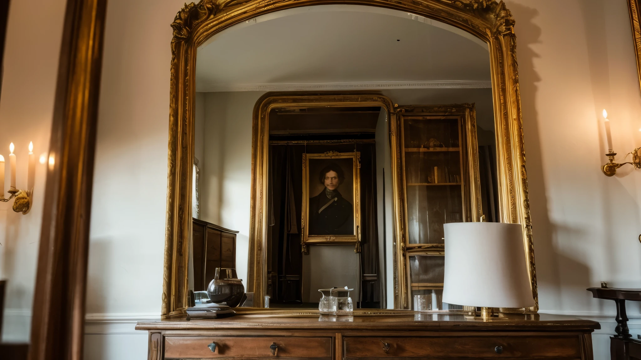 ((masterpiece)) ((high resolution)) ((high quality)) Dorian Gray looking his distorted reflex on a mirror in the wall in a 18th century looking room