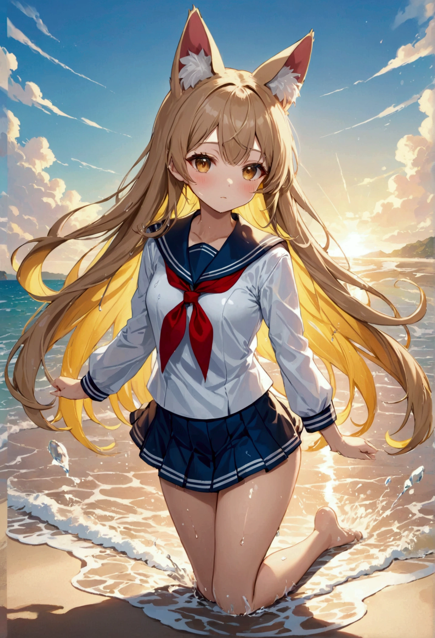 (masterpiece、highest quality、highest quality、Official Art、Beautiful and beautiful:1.2)、(One girl:1.3)Hatsune Miku、Twin tails,Big Breasts,(highest quality, High resolution, Tabletop :1.3), (Shooting from below), Beautiful woman, Orange sunset sky, Sun and clouds with ocean in the background, Cute girl in uniform. her hair is light brown、Medium bob style。. She wears a white blouse and pleated skirt, Stand with your feet wide apart, Blushing, looking at the camera, Dynamic photography