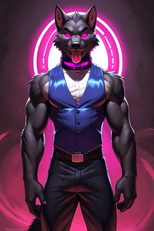 Death wolf hellhound standing, tongue out, using a gray latex suit, and a black techno collar, hypnotized with glowing purple eyes without iris or pupils, tongue out, full body image, carrying a futuristic rifle in his hands, laboratory background