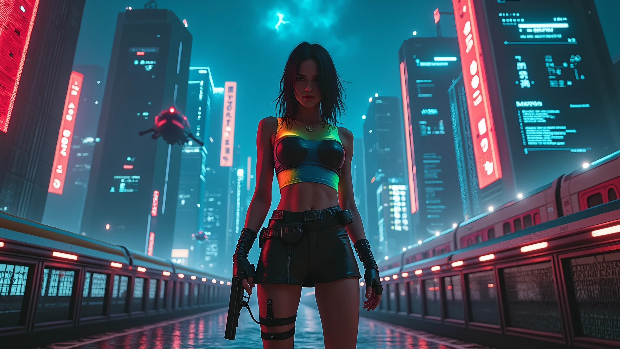 (aerial view, a flying cars docking platform, a very dark abandoned futuristic city, neon lights), rainy night. A girl as Lara Croft, solo, alone, large-breast:1.2 slim body, cleavage:1.1, sexy wind blowing wet dress:1.4, (headphone, black sunglasses), (((((she raised:1.8 a pistol:1.8 and took aim at viewer))))), dynamic pose, (((half-body thigh level medium shot))), cinematic lighting, lens flare, ray tracing.
