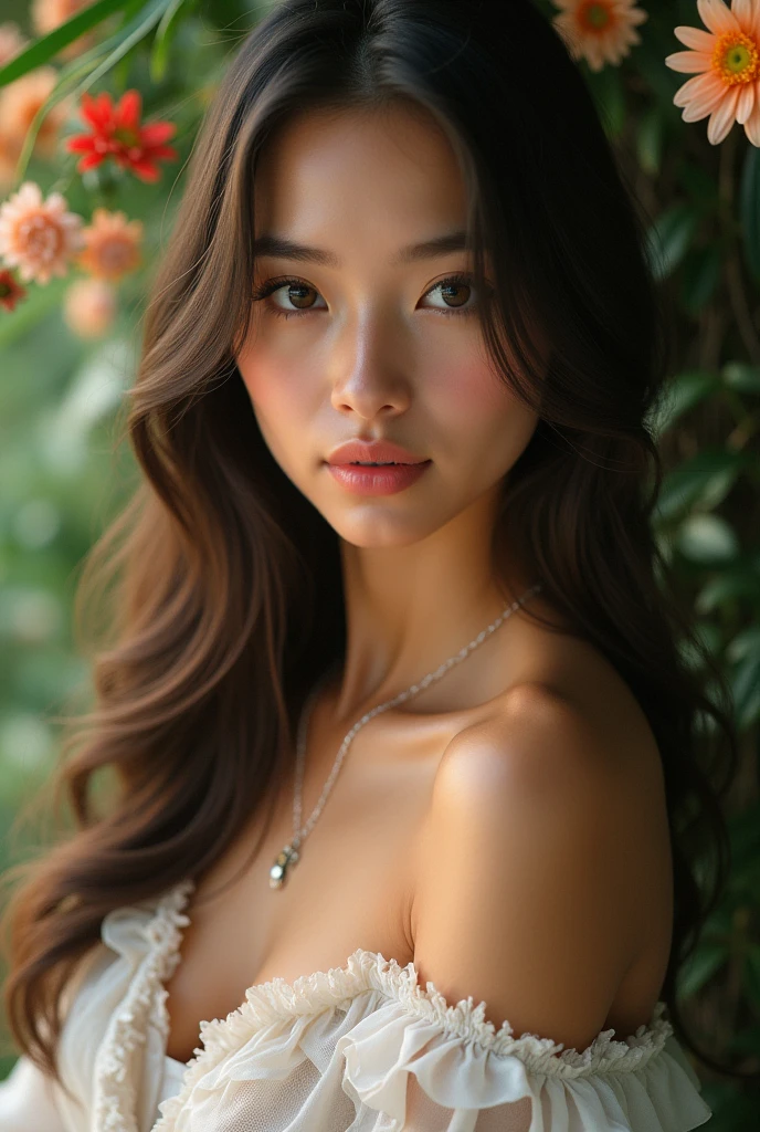 ((full body image, including legull-body nude portrait of Nozomi Harasaki from the video game Shenmue. She is waiting outside of her flower shop for customers. She is completely naked. Nude. She is located in Yokosuka, Japan. A digital portrait of a young woman with an animated appearance. She has a round face, fair skin, and almond-shaped eyes with double eyelids. Her hair is shoulder-length, straight, black, with a full fringe that sits above her eyebrows. The subject carries a soft, friendly expression with a subtle smile. There are many flowers in the background (flower shop). She has Symmetrical Features, Small Well-Shaped Nose, Smooth Clear Skin. ((nighttime, Realistic lighting, best-Quality, 10, master-piece: 1.3)), highly detailed face, Full body. Highly detailed breasts. Highly detailed vagina. Virgin with hymen visible. Great proportion, perfect proportion