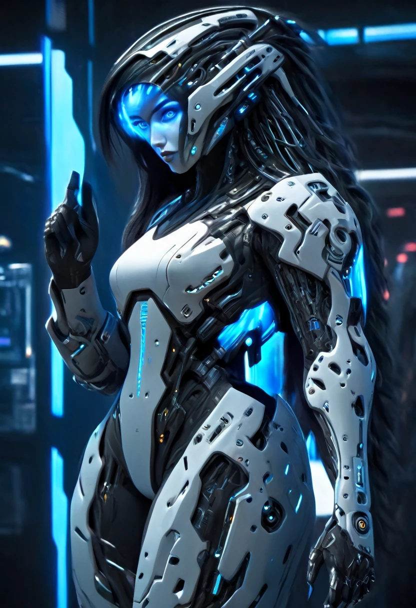 A woman wearing exoskeleton cyber armor, The armor fits snugly、((She has a plasma gun in her hand)), Full body photo, Maximum details, Superior quality through precise drawings, 8k,chest, blue eyes,  High resolution, 超High resolution, Best Quality, Shortcuts, Big chest, Cinematic Lighting Effects, Futuristic beautiful black hair woman, Shining blue eyes, Cyberpunk style woman, ((Hi-tech spaceship interior with blue light illumination)), High-quality images、Black Hair, Shortcuts, 