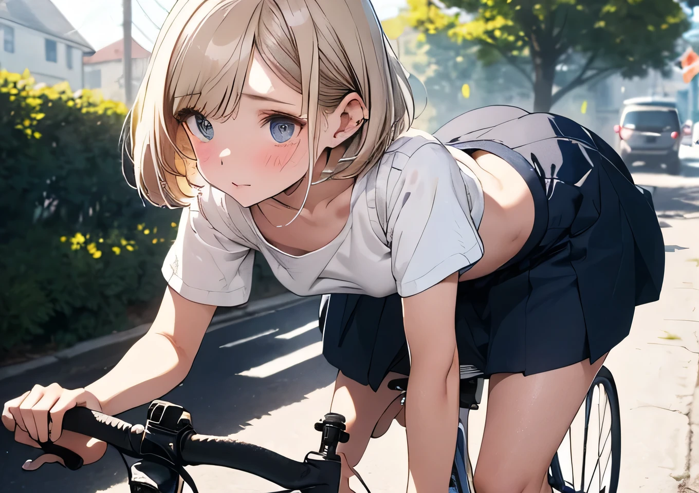 A skinny naked female student with very small breasts is crying a lot and riding a bicycle.